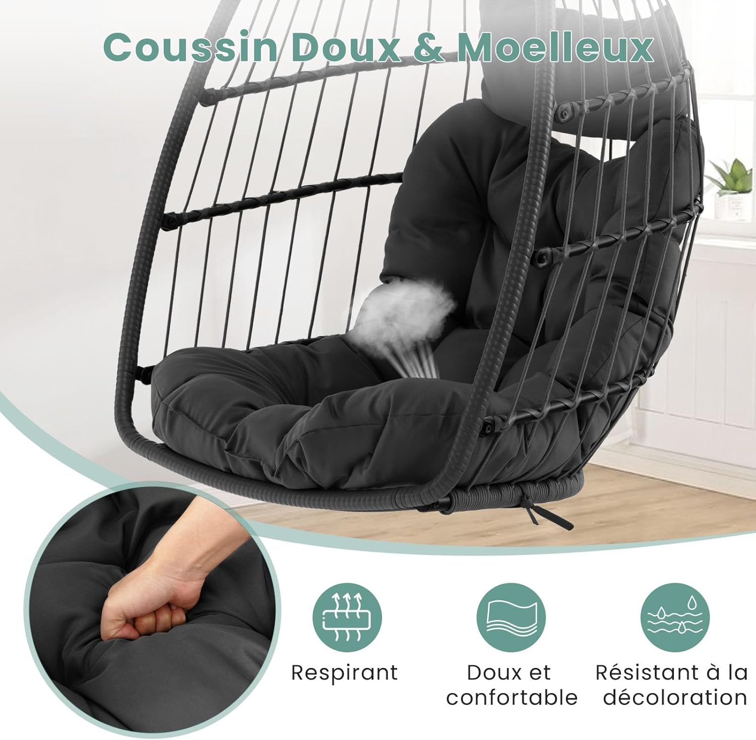 Silla colgante tipo huevo, columpio con almohada y cojín suave, silla colgante de ratán sintético, diseño plegable, capacidad de 150 kg (gris) - 4