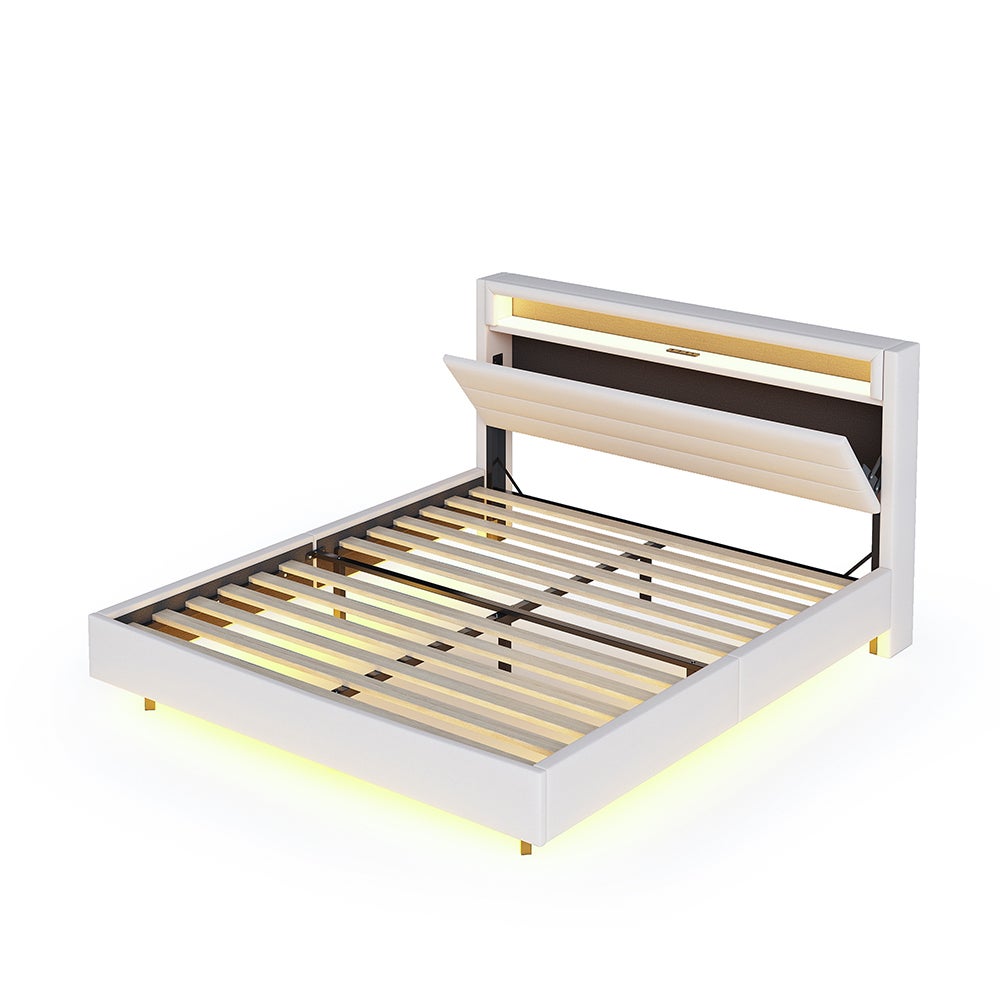 Lit adulte 160x200 cm Double avec connexion USB et éclairage LED Pied de lit caché Lin Beige - 2