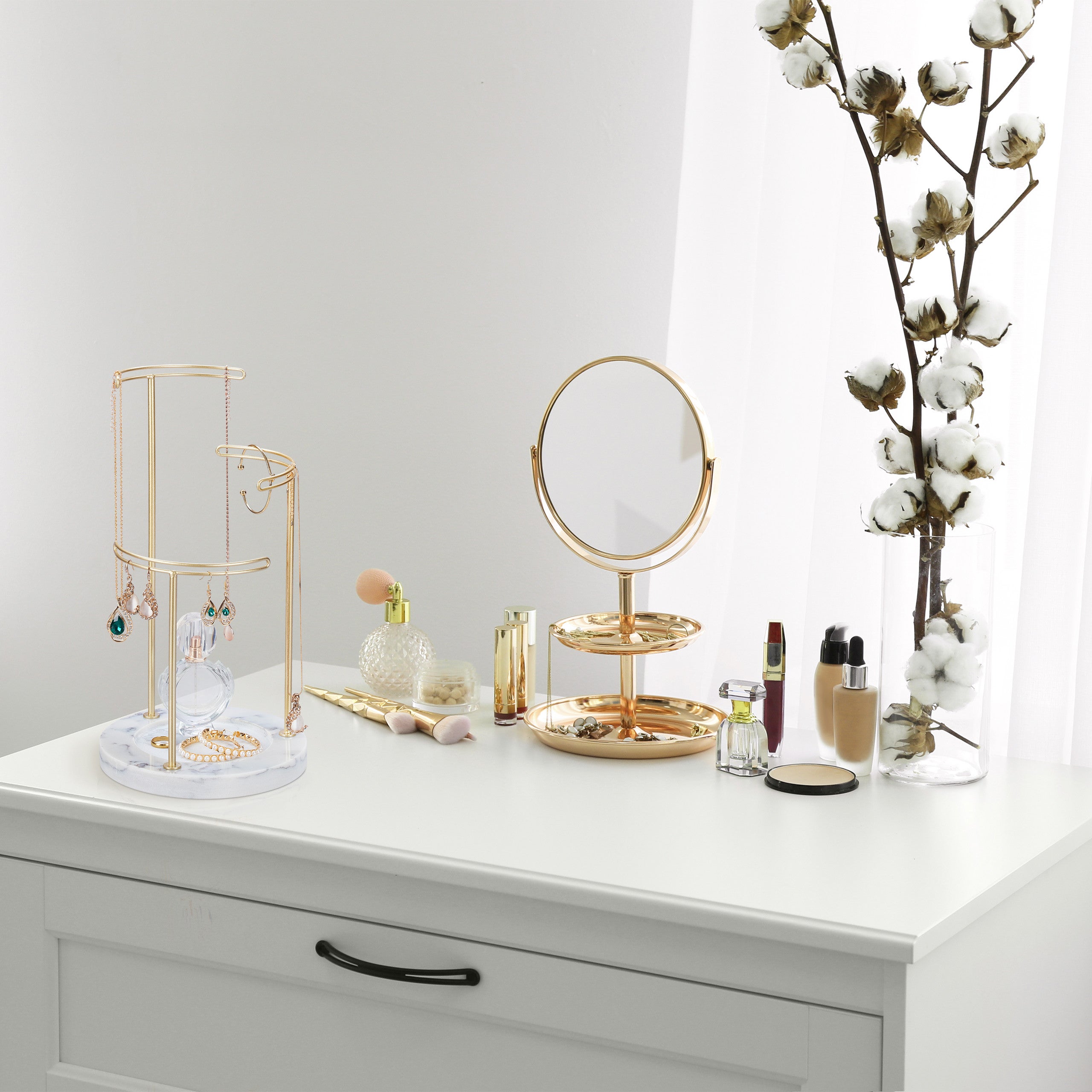 Présentoir à bijoux, rangement en marbre, colliers, boucles d’oreilles, 3 bras en métal, HxD 35x18 cm, doré, Relaxdays - 5