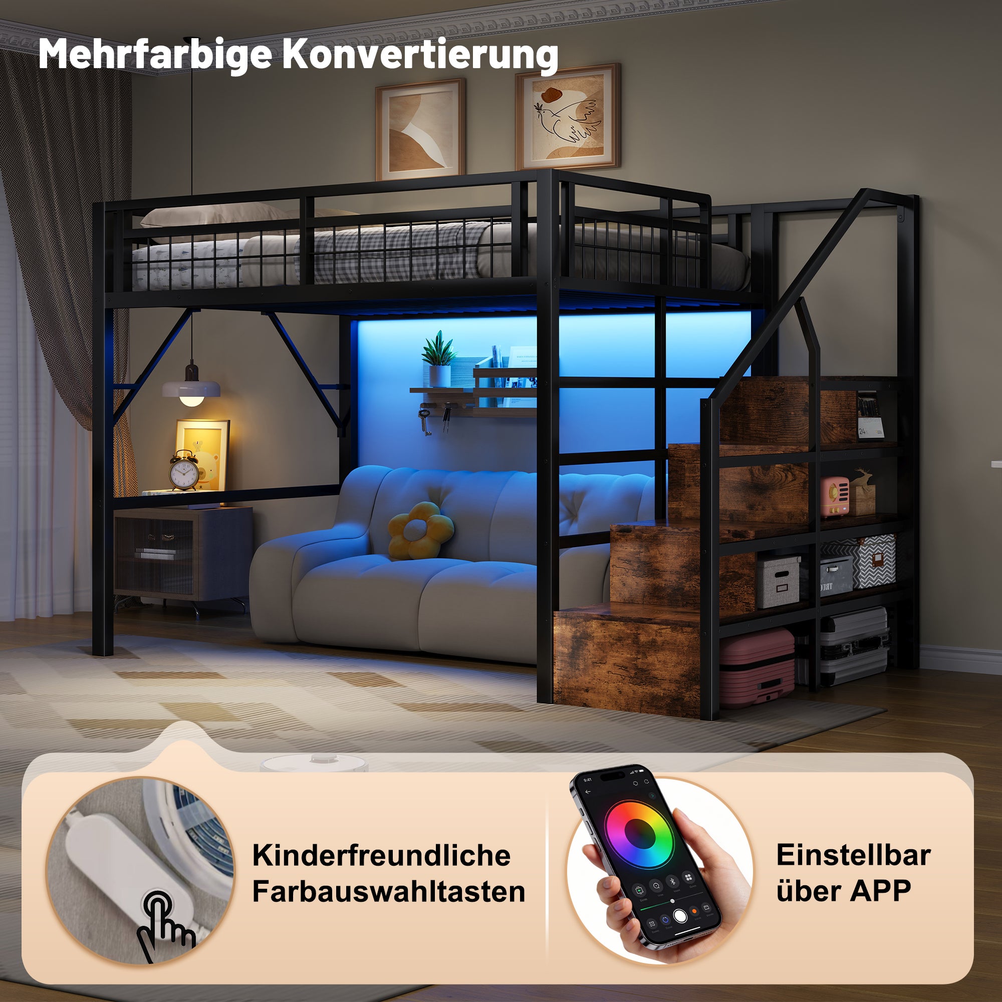 Lit Mezzanine 140x200cm avec LED, Escalier de Rangement, Lit superposé enfant avec Espace Libre Aménageable en Dessous, Cader Métal Noir, sans Matelas - 4