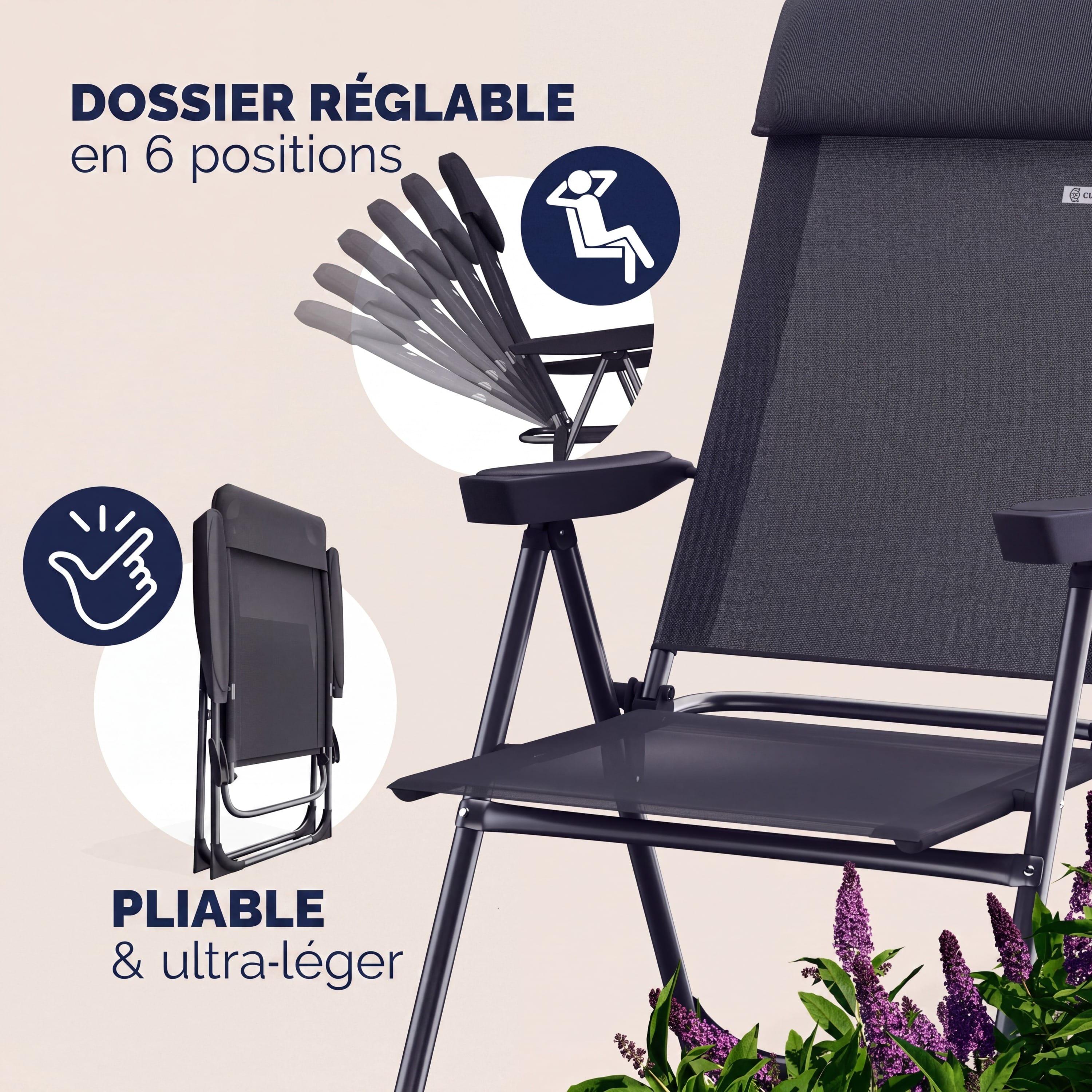 CASARIA® 2x Chaises de jardin pliantes Anthracite en aluminium avec accoudoirs dossier réglable plage piscine camping voyage - 4