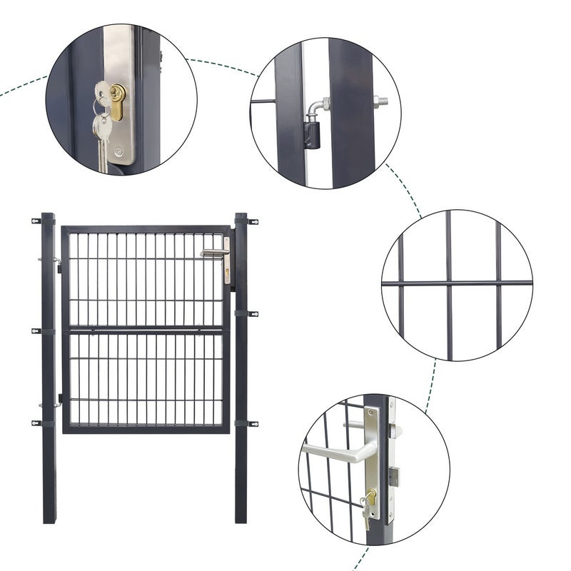Portillon de Jardin Grillagé, en Acier Galvanisé, Clôture avec Serrure, Porte 100 x 100cm, Gris - 4
