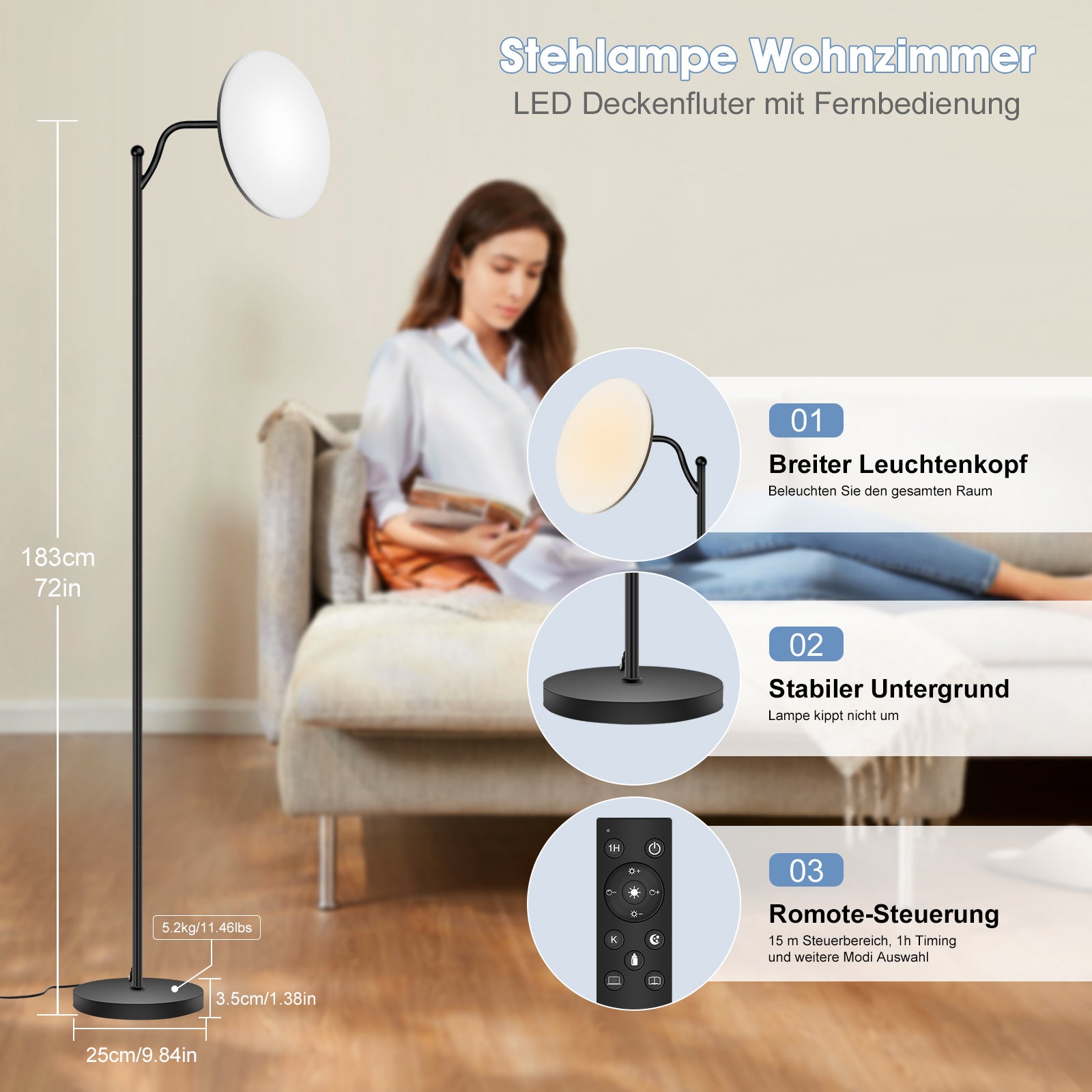 LOVHAUS Lampe sur Pied pour Salon 32W, Lampe de Sol à Intensité Variable avec Télécommande, 2700K-6500K, LED Lampadaire à Intensité Variable - 3