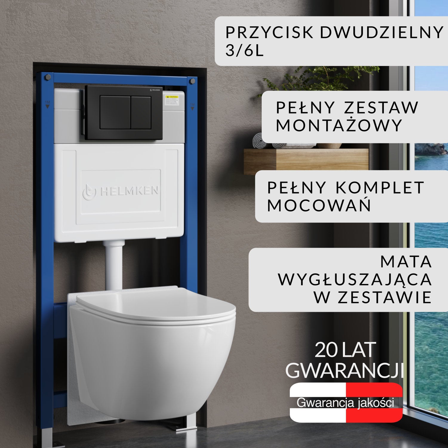Zestaw podtynkowy WC Helmken 5w1: Stelaż, Czarny Mat Przycisk(J), Miska bezkołnierzowa Rimless 35103001B (Biała), Deska wolnoopadająca, Mata