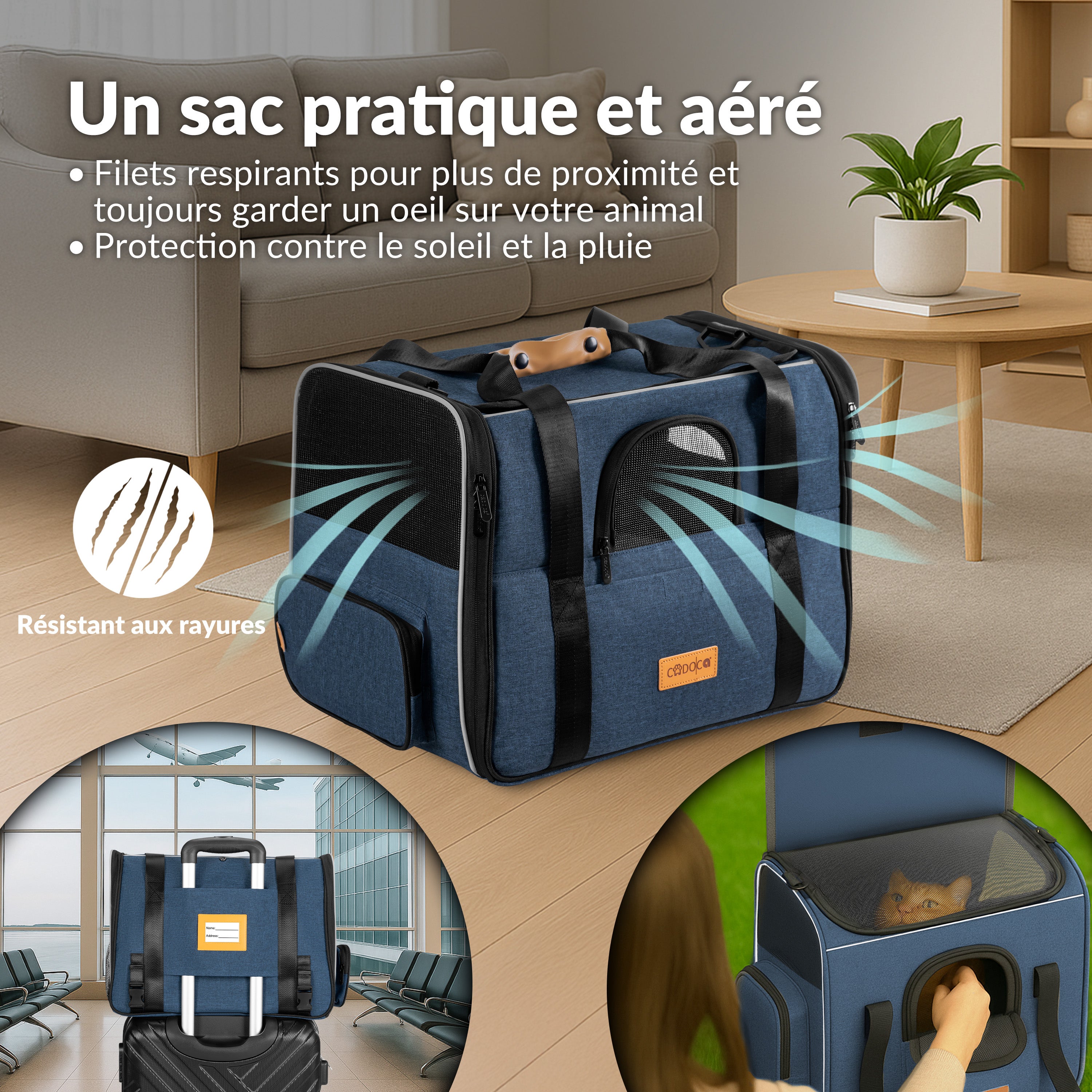 CADOCA® Sac de transport pour chat chien max. 20kg Bleu pliable avec bandoulière caisse de transport chat respirant avec gamelle - 4