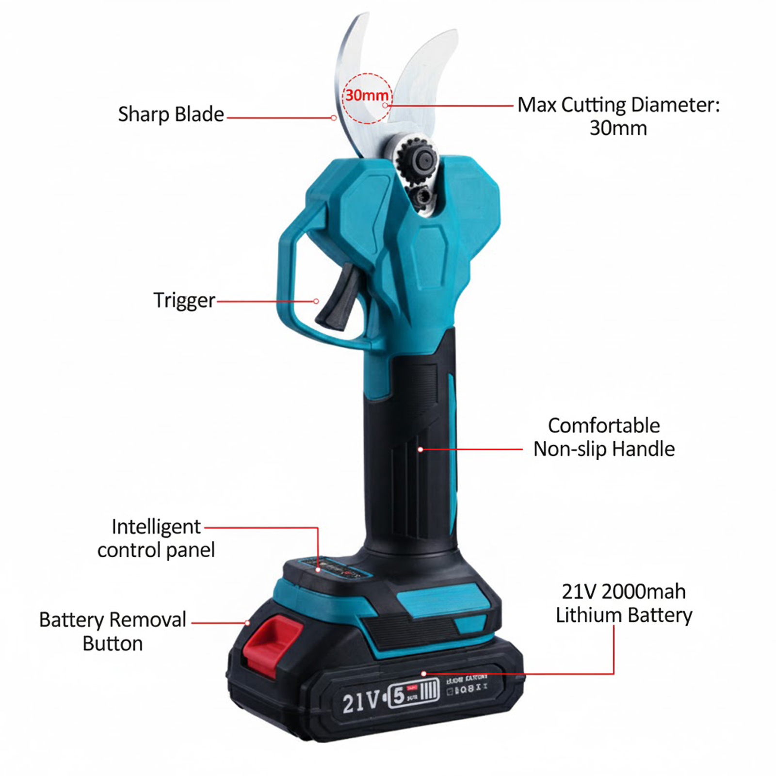 Sécateur portable au lithium-ion 21 V, diamètre de coupe maximal des branches de 30 mm, emballé dans une boîte en plastique bleue. - 11