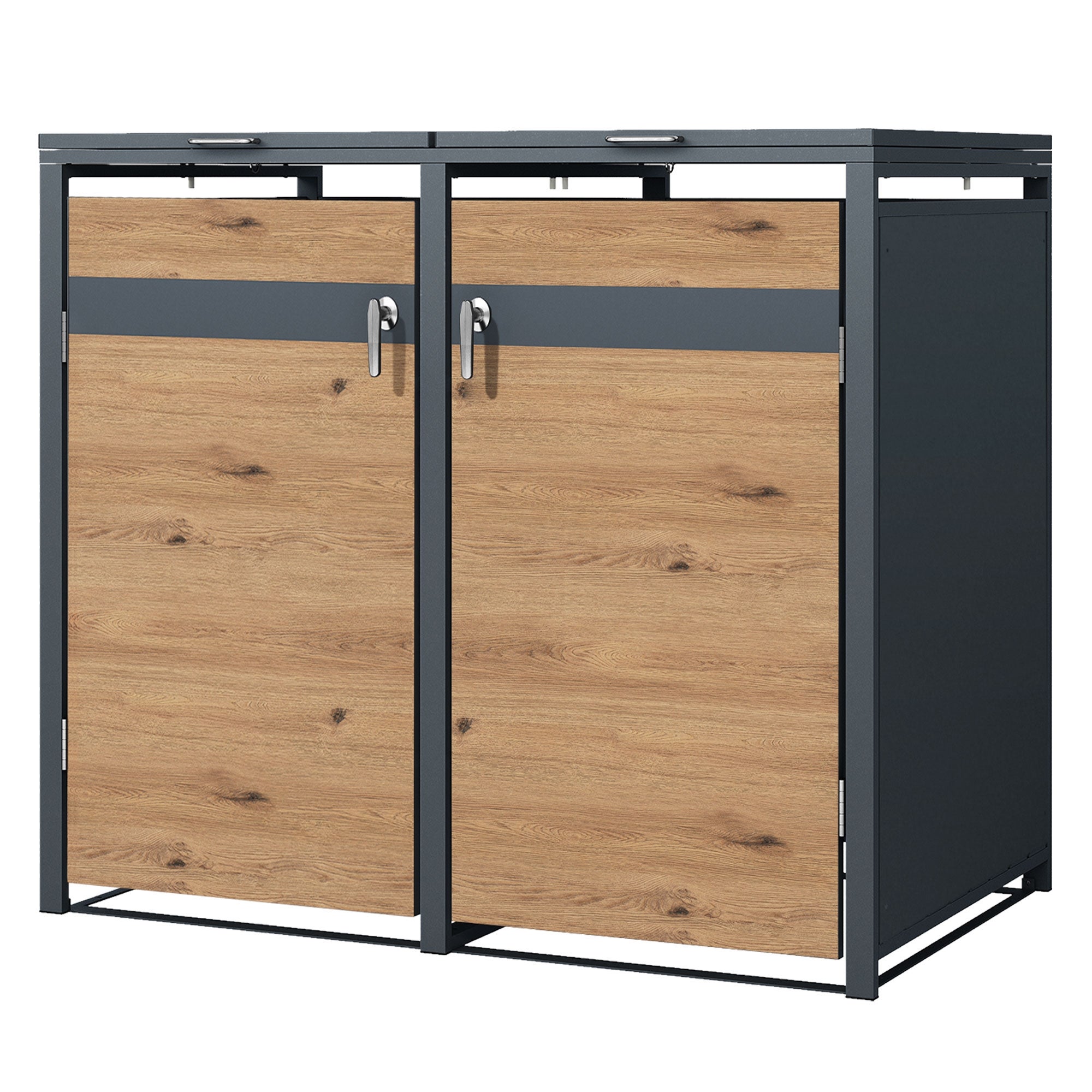 ML-Design pojemnik na 2 pojemnik 240 L 132x80x116,3 cm antracytowy dąb stalowy odporny na warunki zamykany z pokrywą i drzwiami na zawiasach