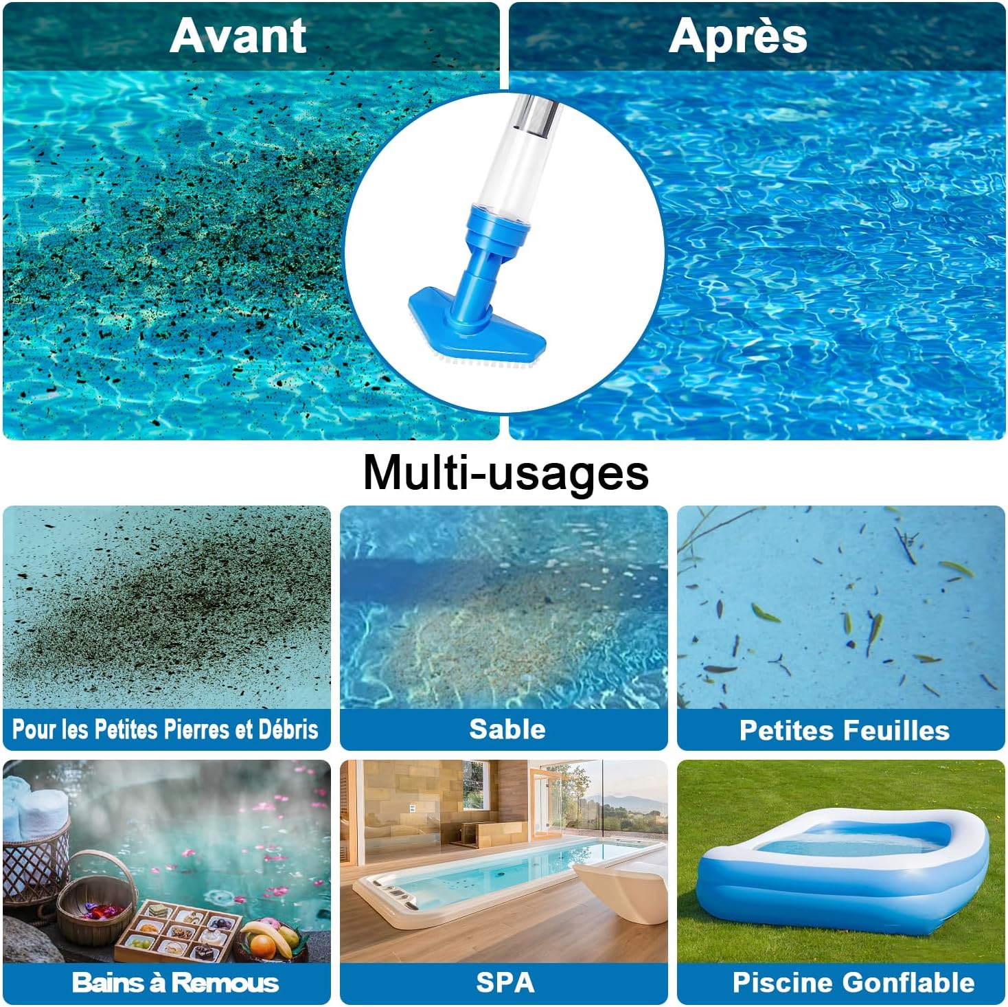 Aspirateur de piscine sans fil, nettoyeur électrique 3 en 1 avec batterie rechargeable pour petites piscines, jacuzzis et spas, bleu - 4
