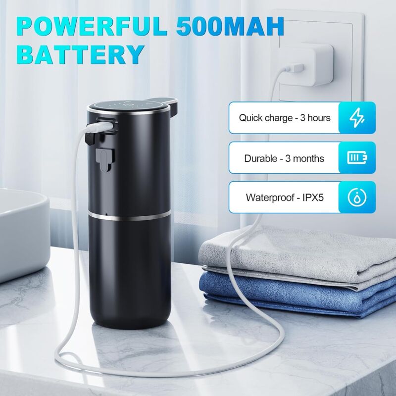 Distributeur automatique de savon liquide, 380 ml, montage mural, 4 niveaux réglables, chargement USB, avec détecteur de mouvement infrarouge - 5