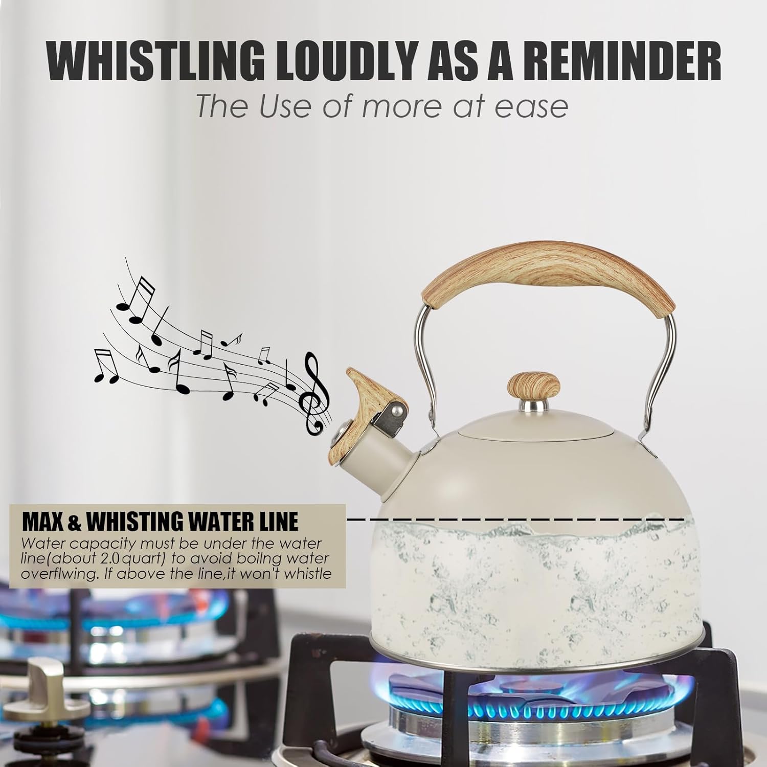 Bouilloire sifflante en acier inoxydable de 2,5 L avec poignée en bois, compatible avec cuisinière à gaz et à induction (beige) - 3