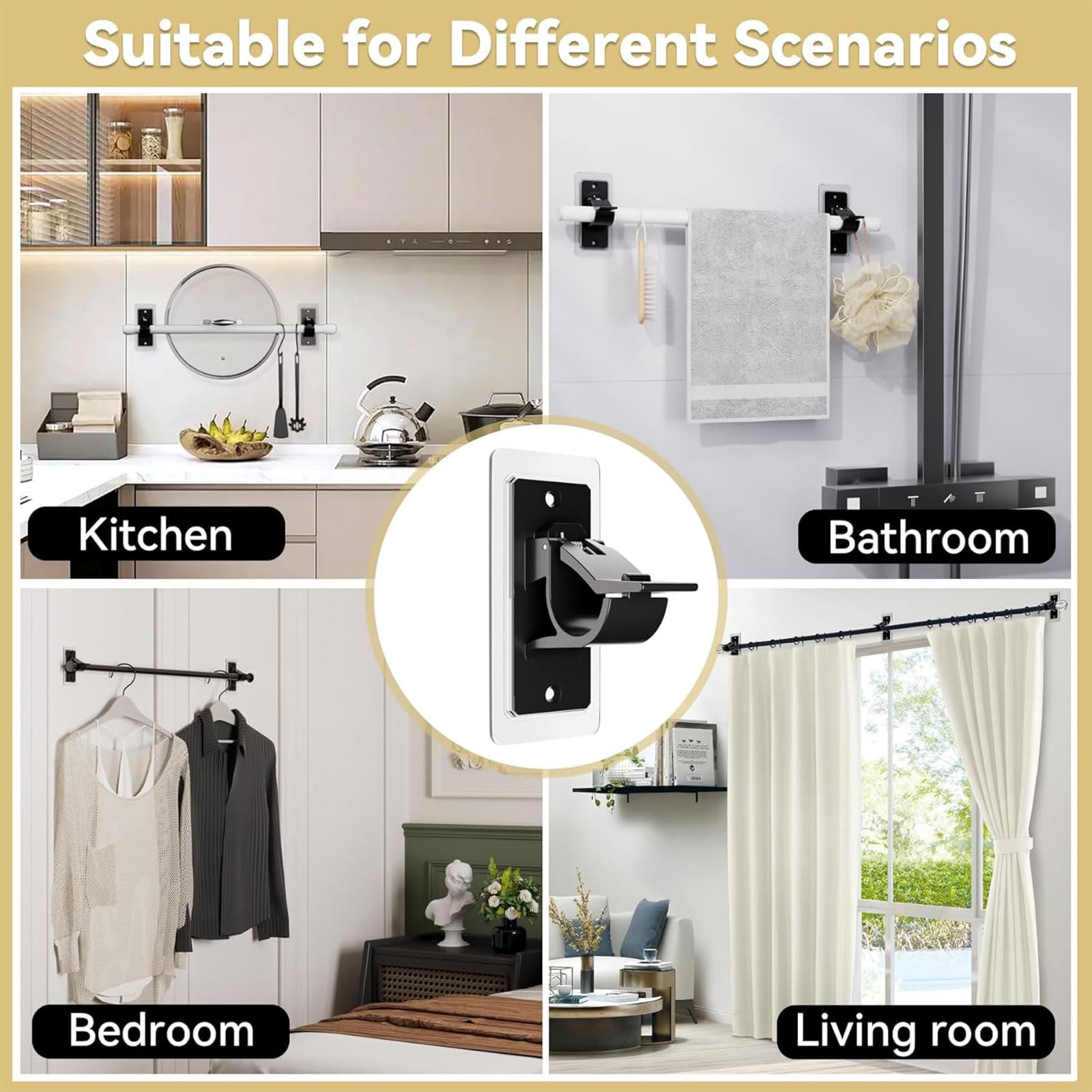 Lot de 4 supports de tringle à rideaux, supports autocollants sans perçage, crochets sans clous, pour salle de bain et salon, noir - 7