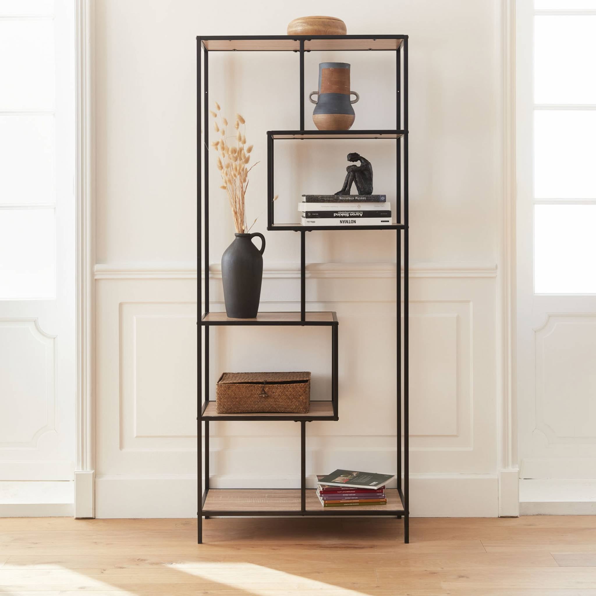 IRONCK Libreria da 2 m, con 6 ripiani, in legno con telaio in metallo, per ufficio industriale, ripiani aperti, per ufficio, soggiorno, camera da letto, cucina (marrone cammello nero
