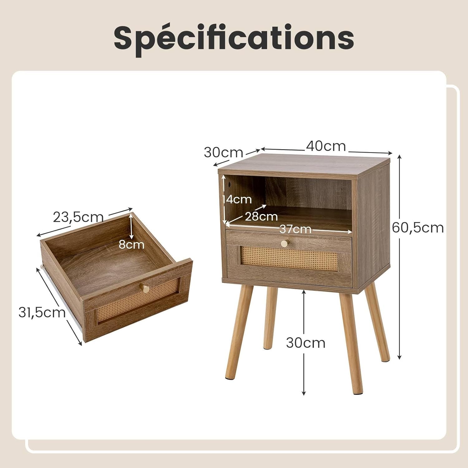Lot de 2 Tables de Nuit en Rotin, Table de Chevet Bois avec Tiroir, 4 Pieds en Pin, Compartiment Ouvert, Table d'Appoint pour Salon, Chambre - 4