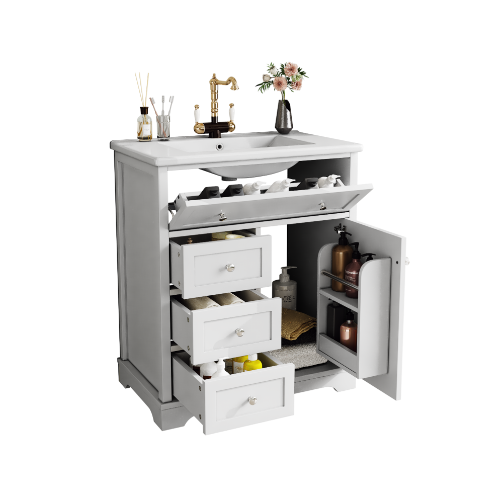 Meuble vasque salle de bain blanc 76 cm – 3 tiroirs silencieux, rangement, vasque céramique – 76x46x87 cm - 5