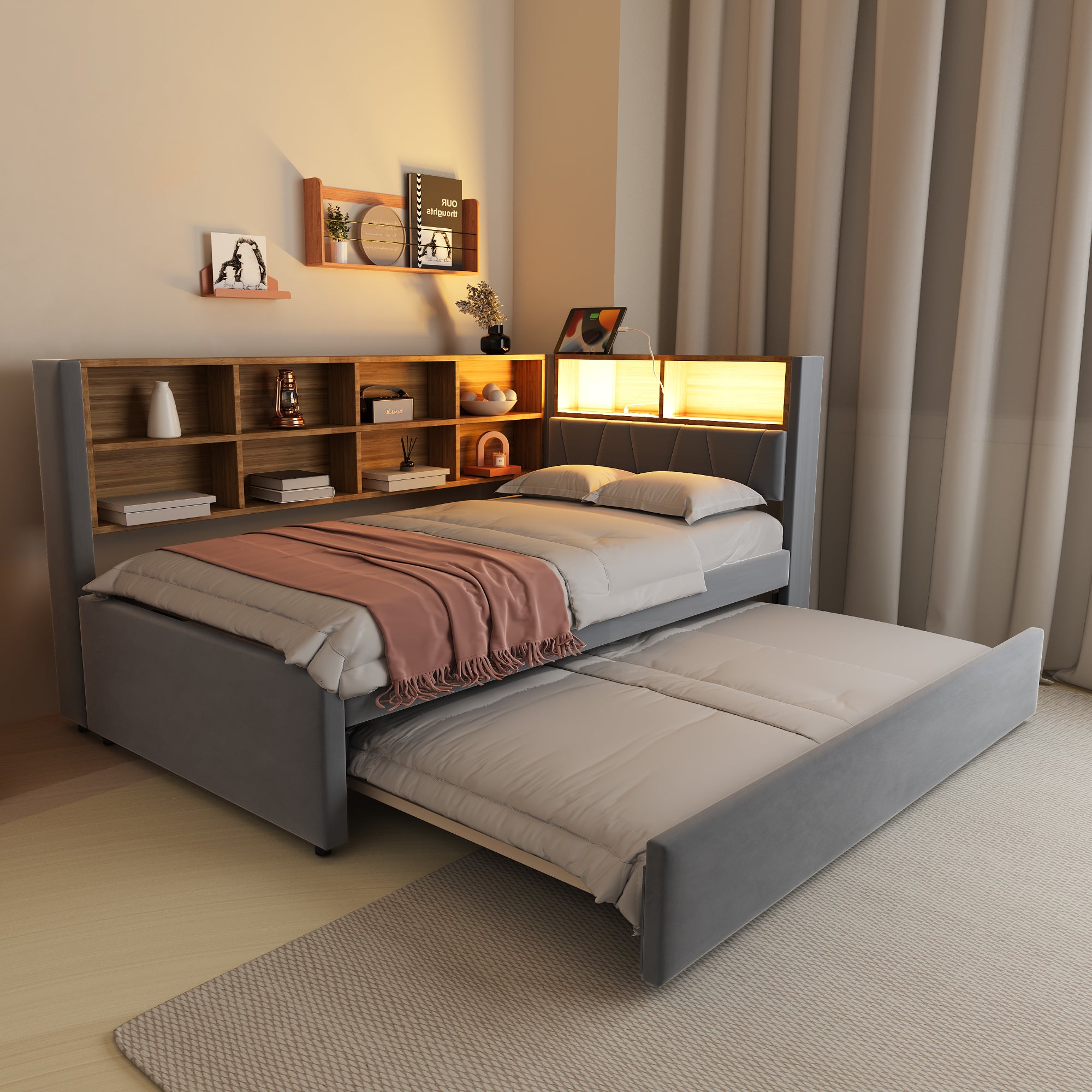 Sofa rozkładana 90x200 - z łóżkiem wysuwanym 90x190 cm - z wtyczką USB - dużo miejsca do przechowywania - łóżko tapicerowane - Ciemnoszary