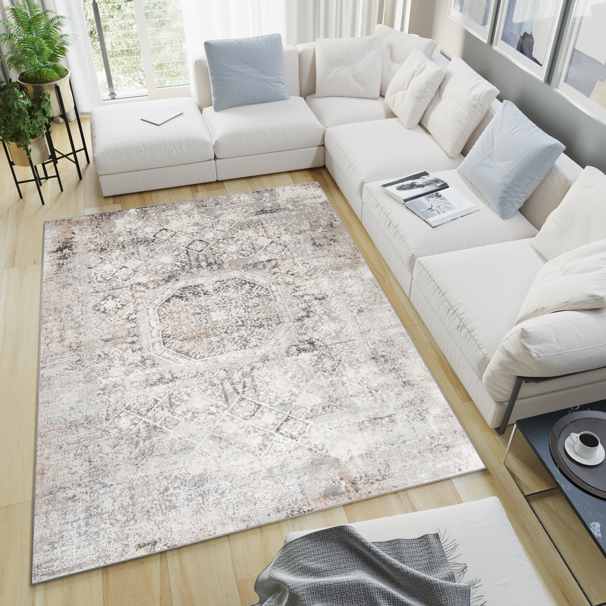 Tapiso valley alfombra para salón habitación vintage gris beige flores suave fina 80x150
