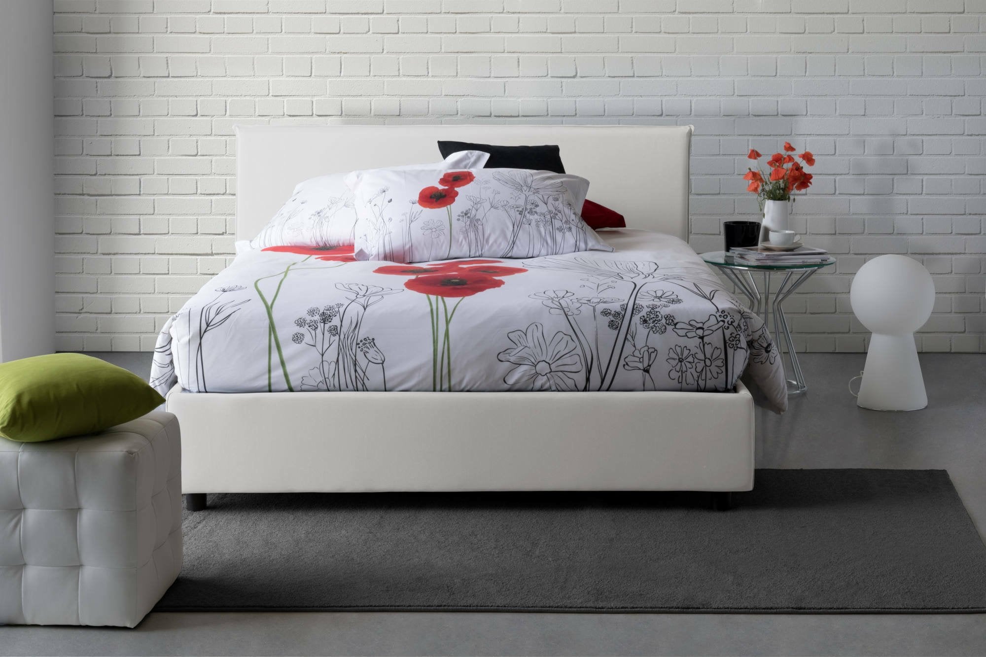 Lit double Bernadette, Lit coffre en tissu, Ouverture frontale, avec matelas 140x200 cm inclus, 100% Made in Italy, Blanc - 4