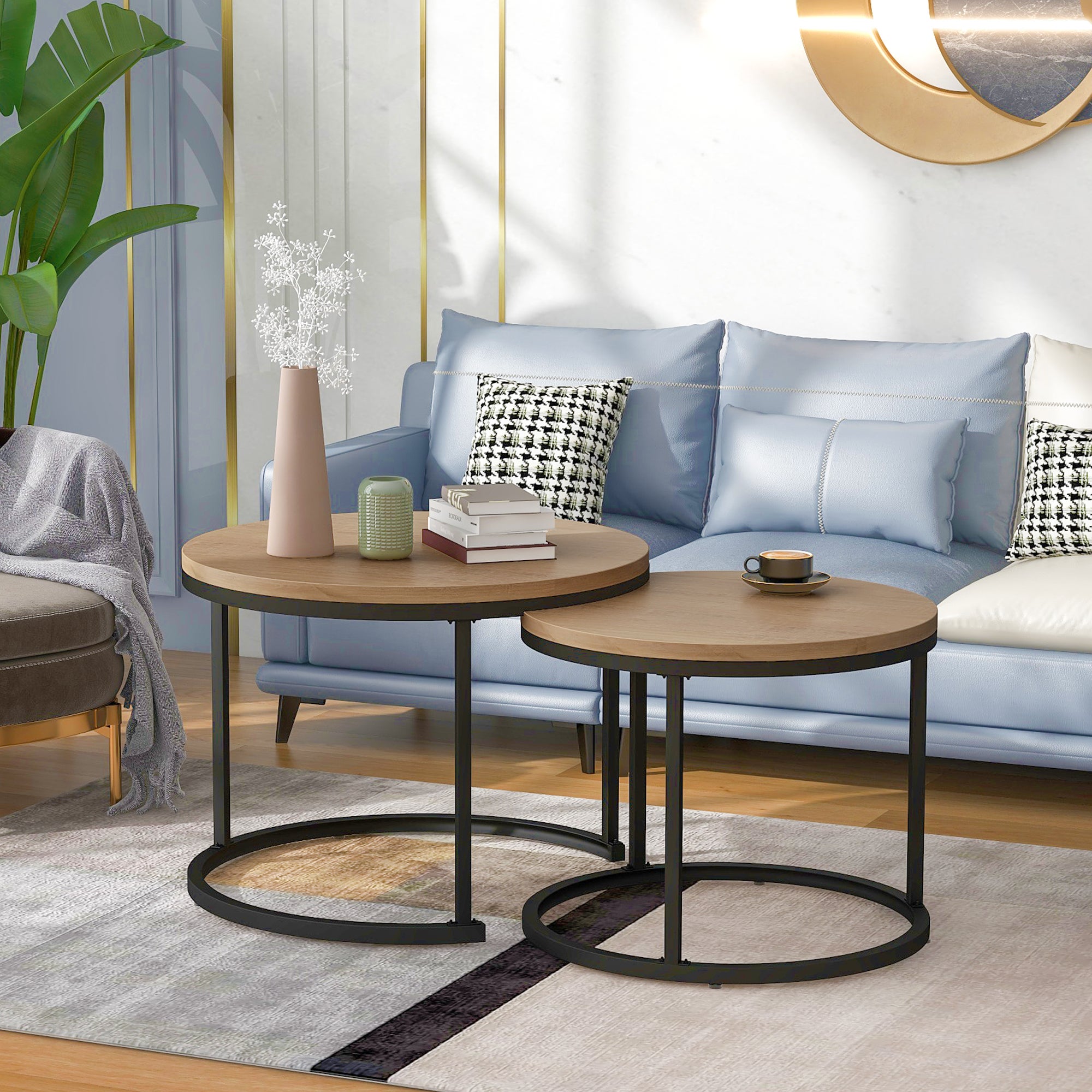 Lot de 2 tables basses gigognes, table d'appoint - bois MDF et pièds en métal - coloris chêne - 4