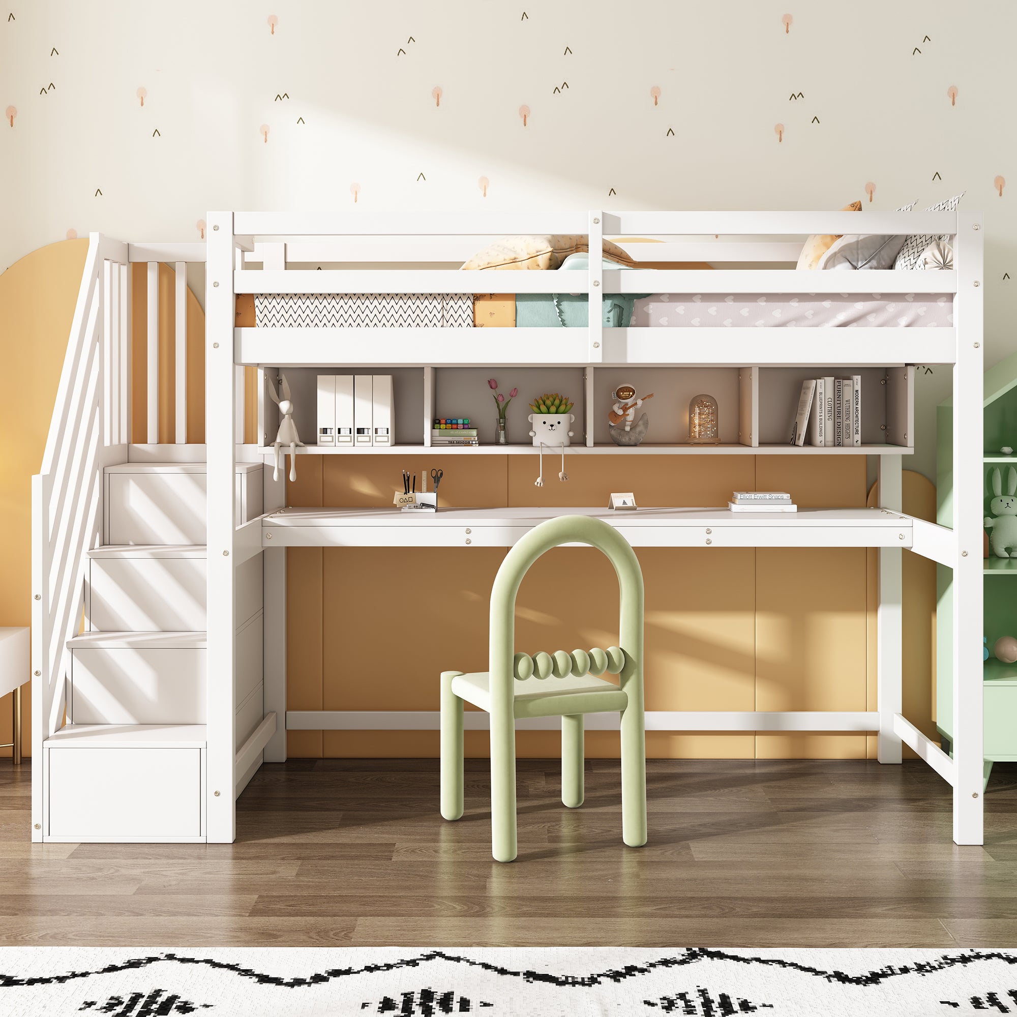 Lit Mezzanine Enfant 90x200 Cm Avec Bureau Et Rangements - Bois Massif, Escalier Sécurisé, Blanc - Sans Matelas - 12