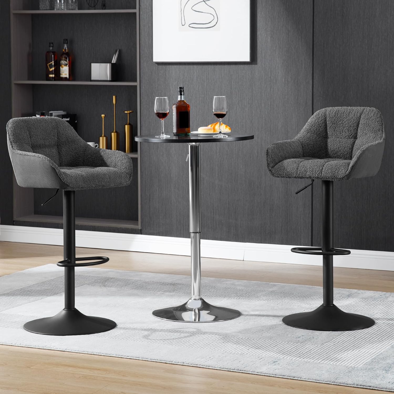Lot de 2 Tabourets de Bar Chenille+Velours Côtelé, Tabouret Bar Réglable en Hauteur avec Dossier, Repose-Pieds, Gris foncé WOLTU - 2