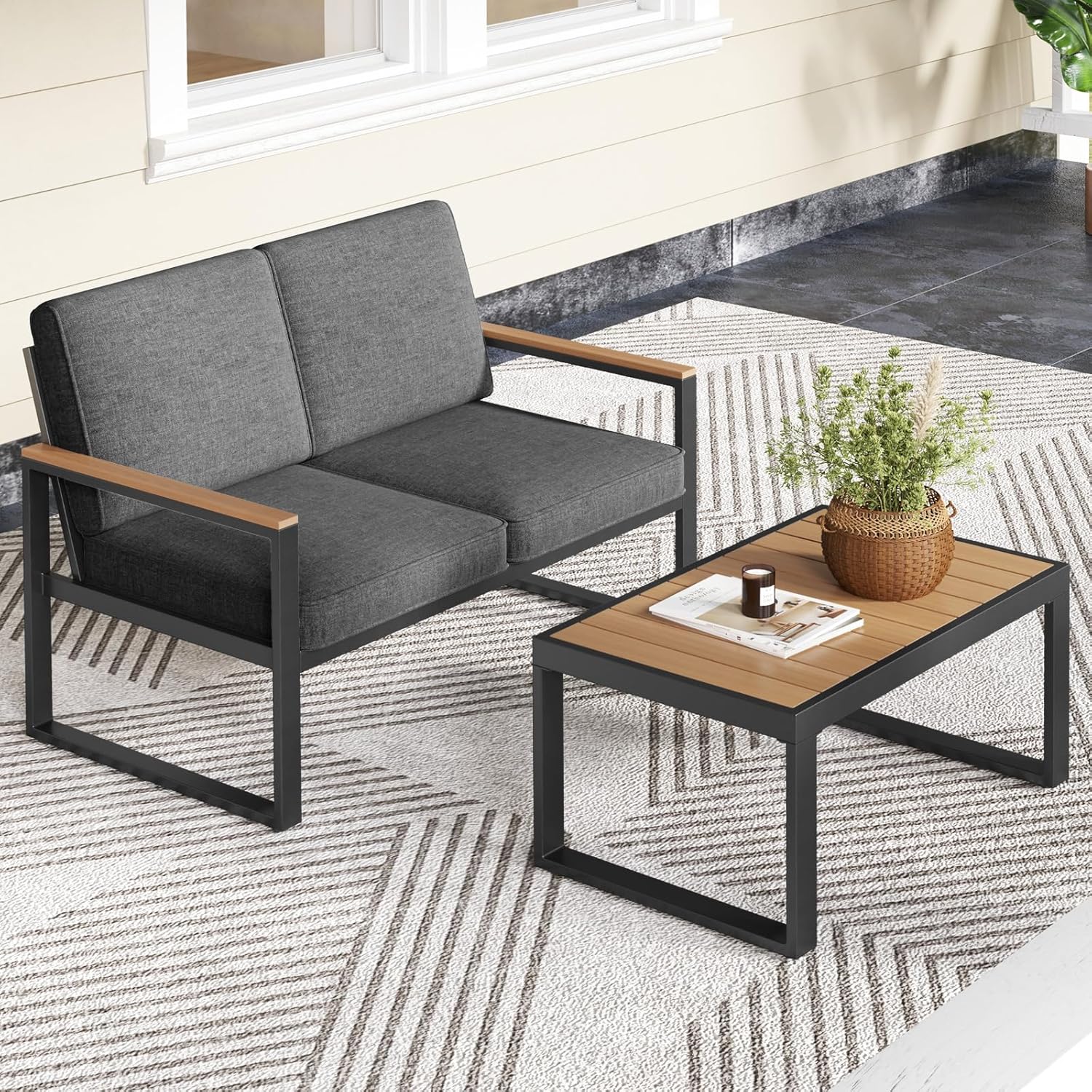 Sofa Ogrodowa dla 2 Osób z Drewnianym Stolikiem, na Balkon, z Aluminium Nierdzewnego, z Miękkimi Poduszkami z Tkaniny, Szara