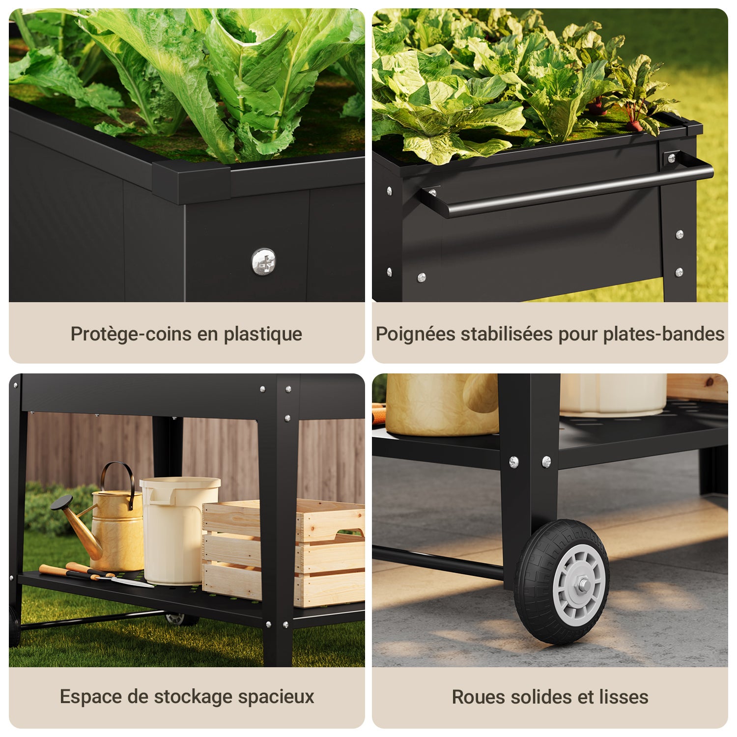 Horta Elevada Bealife Jardinera Elevada 80 cm com 2 Rodas e Prateleira Alça Lateral Orifícios de Drenagem Aço Anti-oxidação Preto - 4
