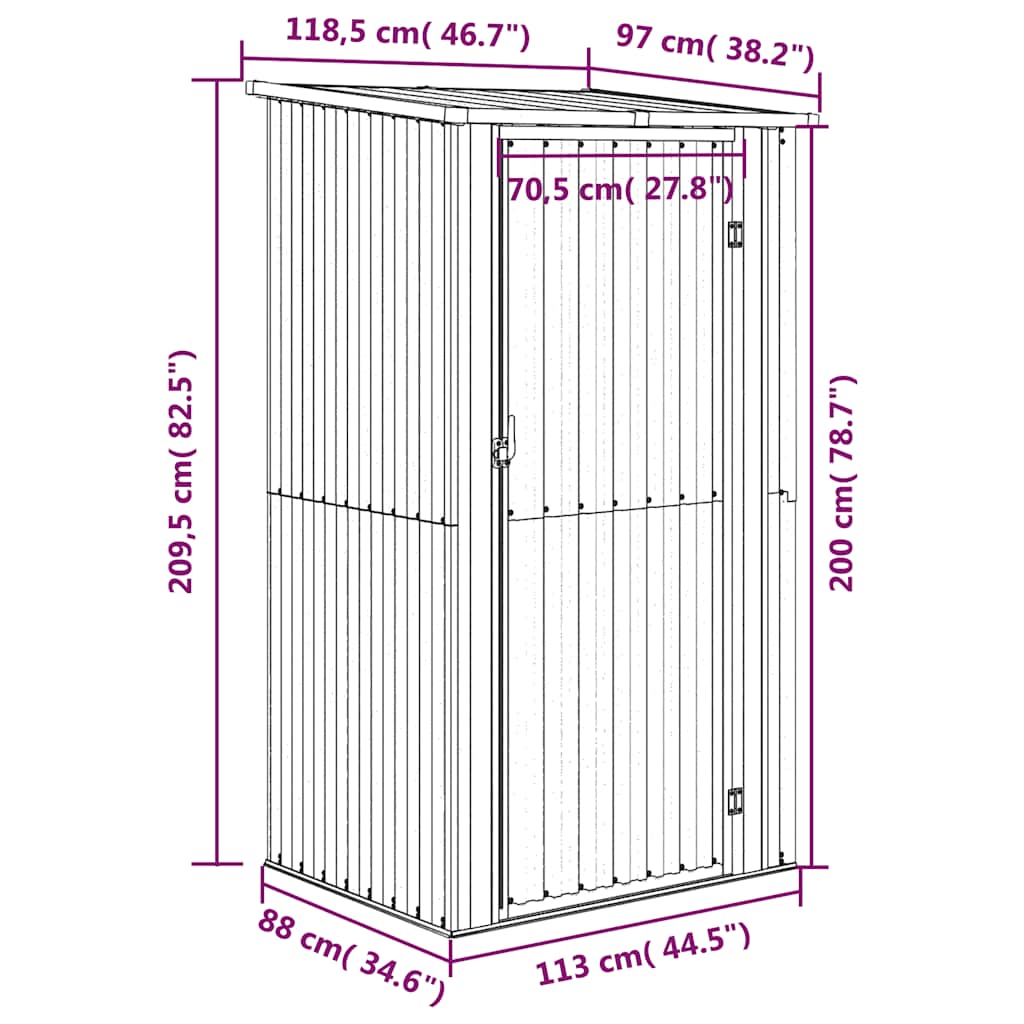 Abris de Jardin anthracite 118,5x97x209,5 cm acier galvanisé anti-rouille, grande capacité verrouillable, jardin & terrasse, pour particuliers - 8