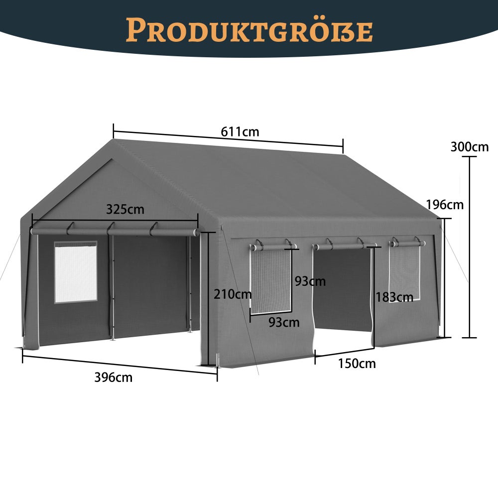 Tente Garage Tout-Temps 6x4x3m - Structure en Acier, Baches Latérales Étanches, Fenêtres Coulissantes, Gris - 2