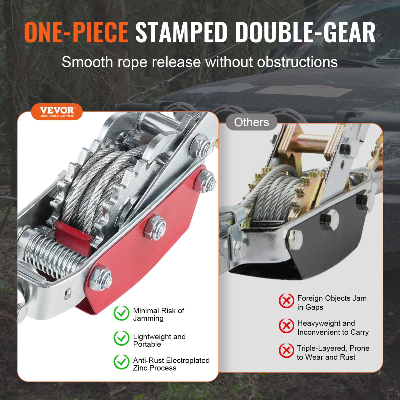 Guincho Forte VEVOR 4 Toneladas,Manual com 3 m de Corda de Aço e 3 Ganchos,Ferramenta de Doble Engrenagem,Resgate de Veículos - 4