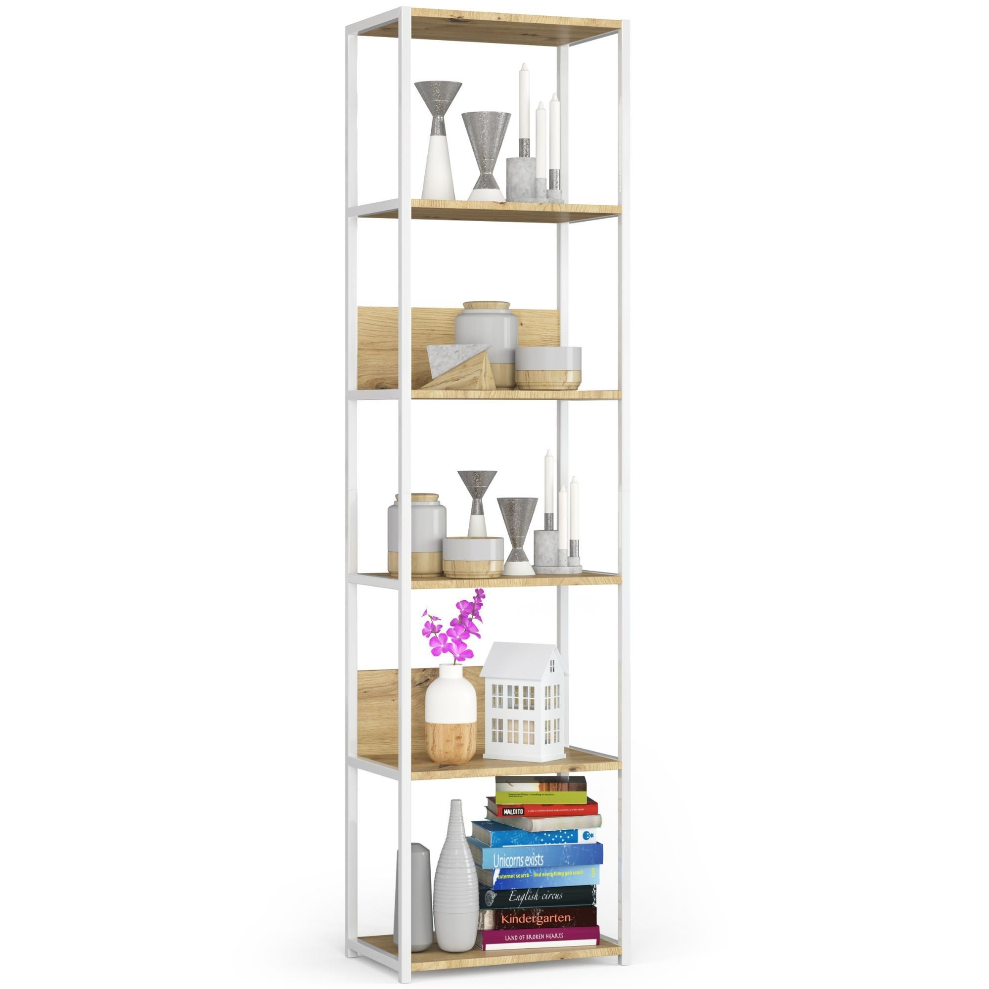 Regał loft AKORD metalowy Biały 50 cm kolor Dąb Artisan mat 6 półek 50x32x192 cm