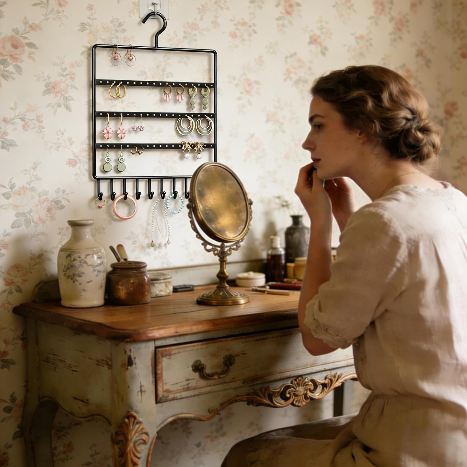 Organiseur de bijoux à suspendre à 5 niveaux, support mural multifonction en fer pour boucles d'oreilles, bracelets, colliers, bracelets, bagues - 5