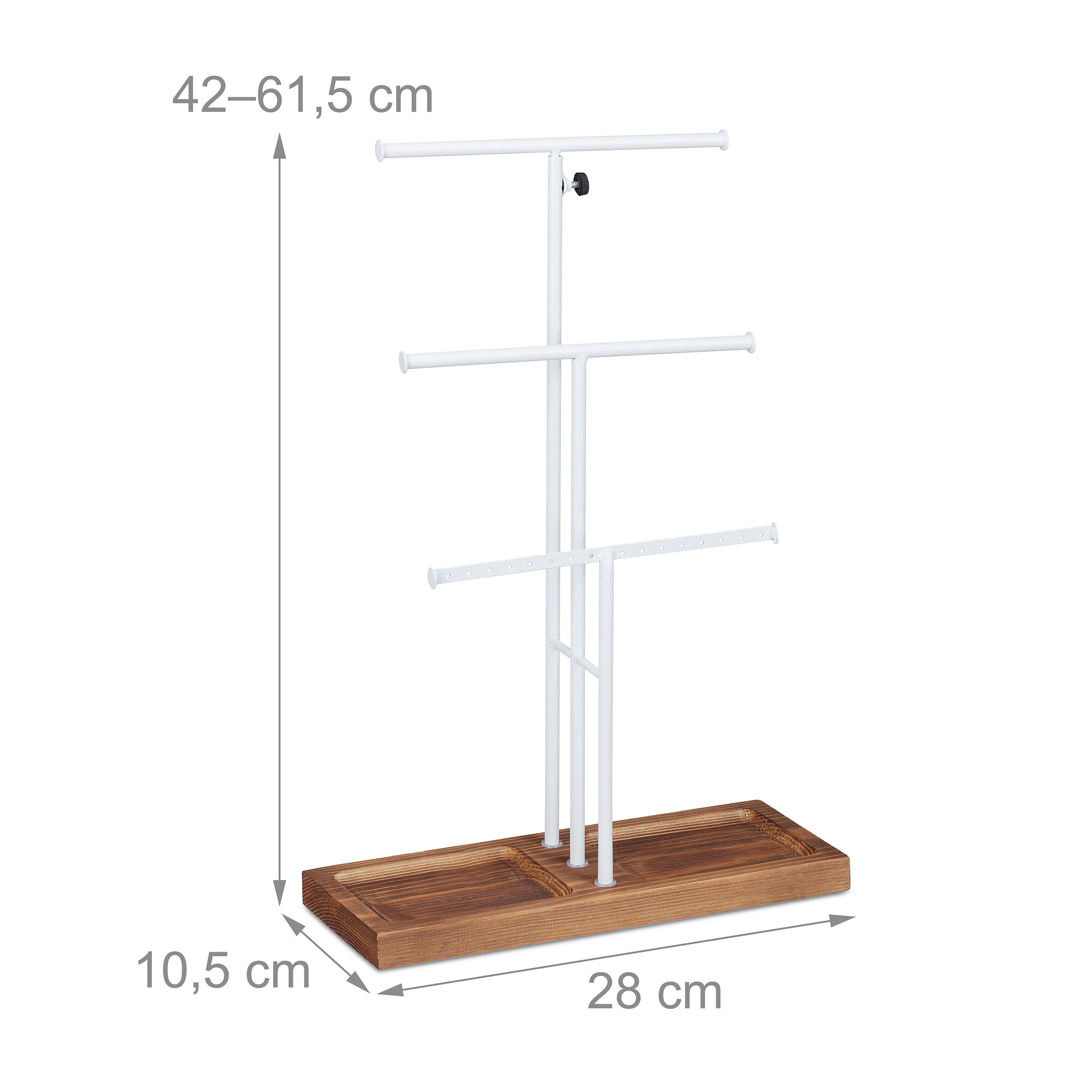 Présentoir à bijoux, 3 barres, forme de T, colliers, boucles d’oreilles & bracelets, bois & métal, blanc/brun, Relaxdays - 4