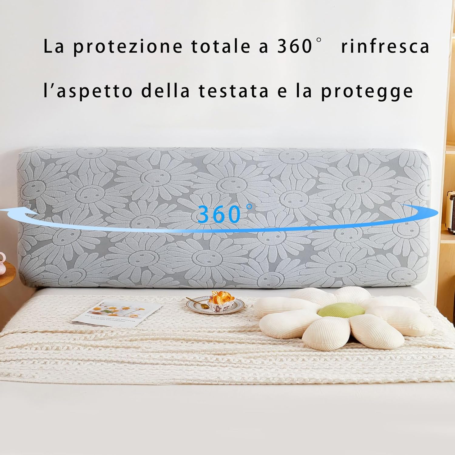 Copri Testiera Letto Elasticizzato In Velluto Jacquard - Fodera Universale Imbottita, Avvolgimento Totale, Lavabile, Grigio Scuro 180 Cm - 3