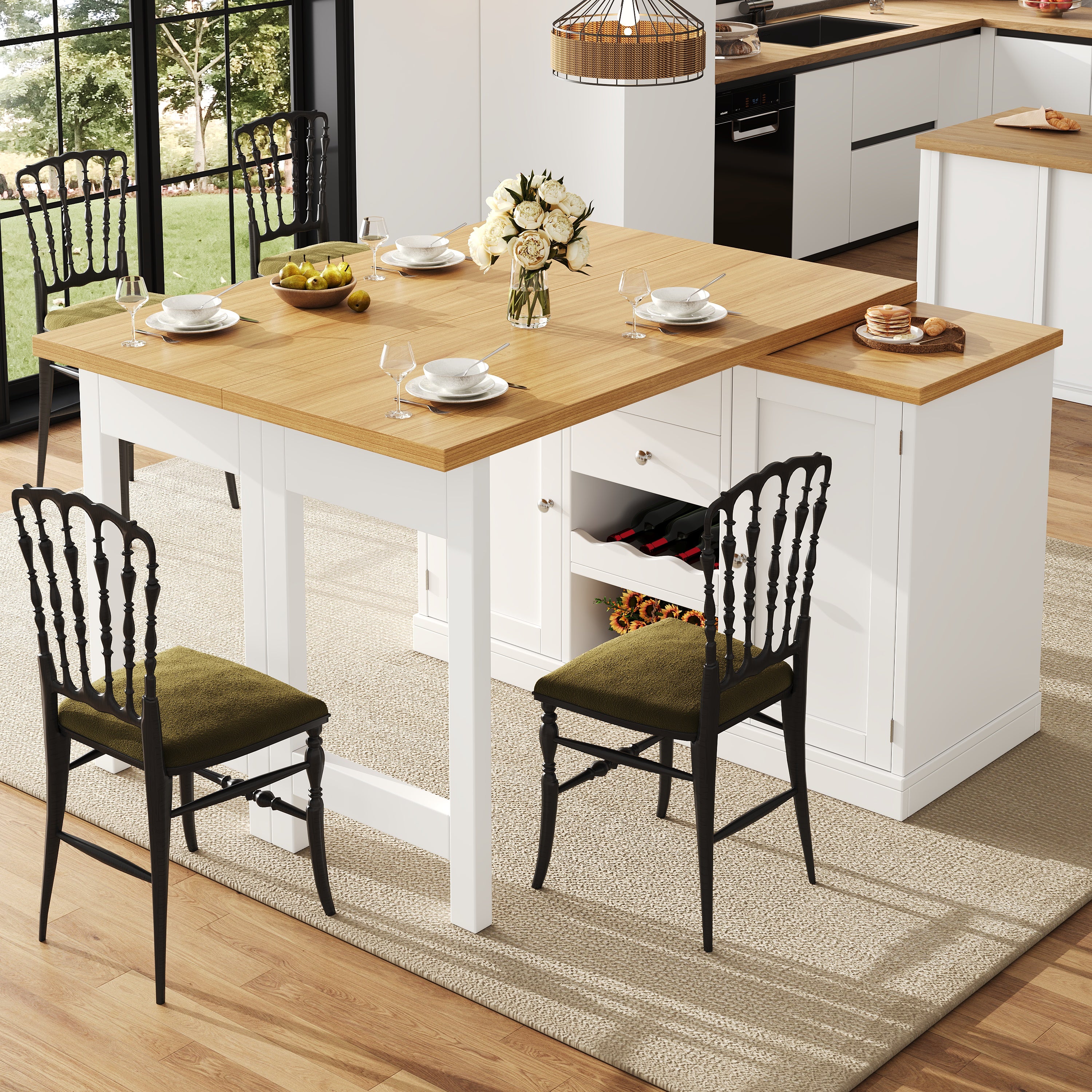 Îlot de cuisine extensible120-197*40*74 cm avec table pivotante 360°, casier à vin et étagères de rangement, portes magnétiques, blanc - 4