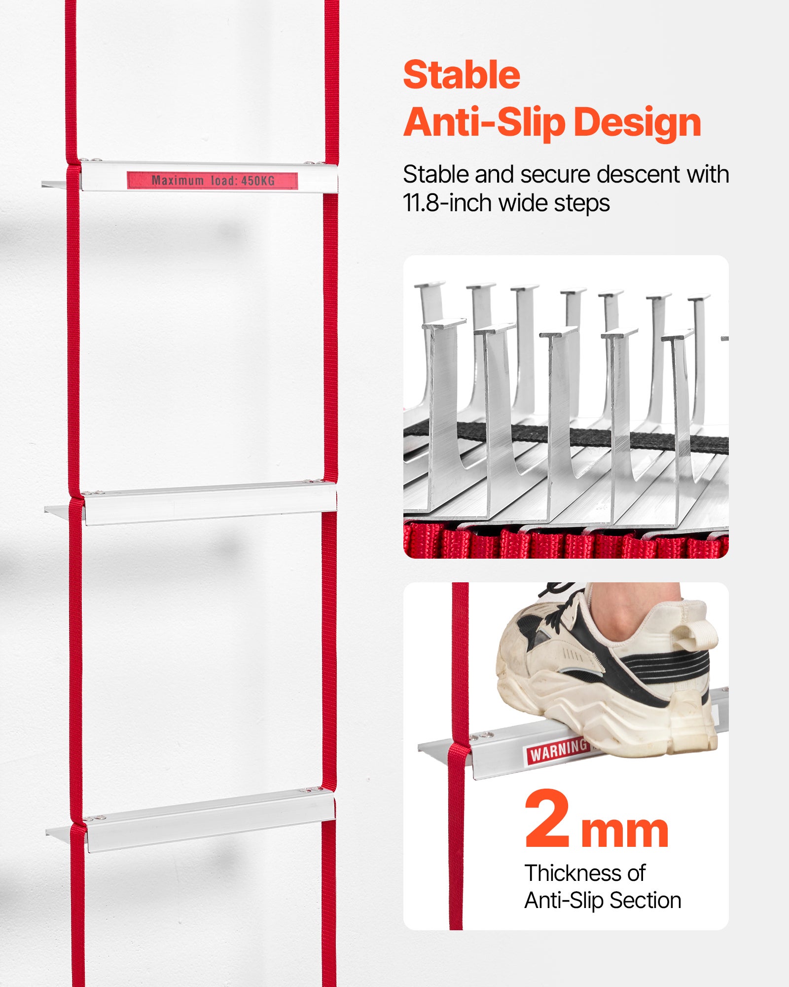 Échelle de Corde VEVOR 15,2 m, Échelle de Secours Incendie Rétractable 5 à 6 Étages en Alliage Aluminium, Capacité de Charge 453,6 kg, avec Sangle - 5