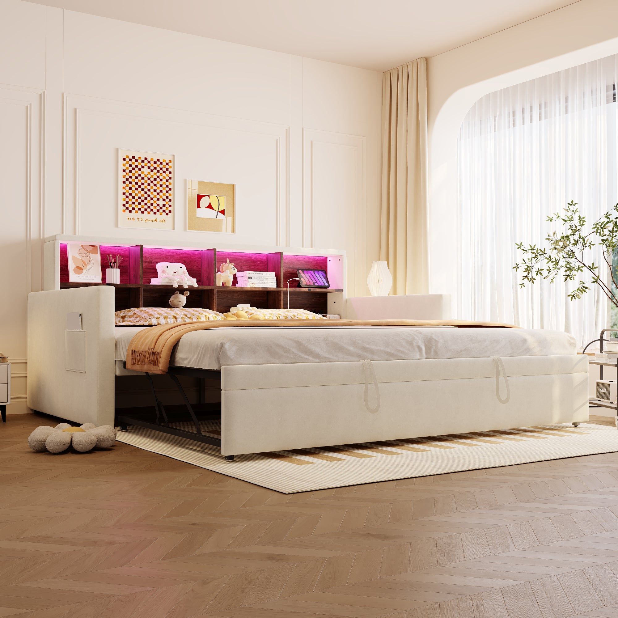Rozkładana sofa z poduszkami 90x190cm - z oświetleniem LED - z gniazdem ładowania - z wysuwane łóżko - tkanina welurowa - beżowy - 3
