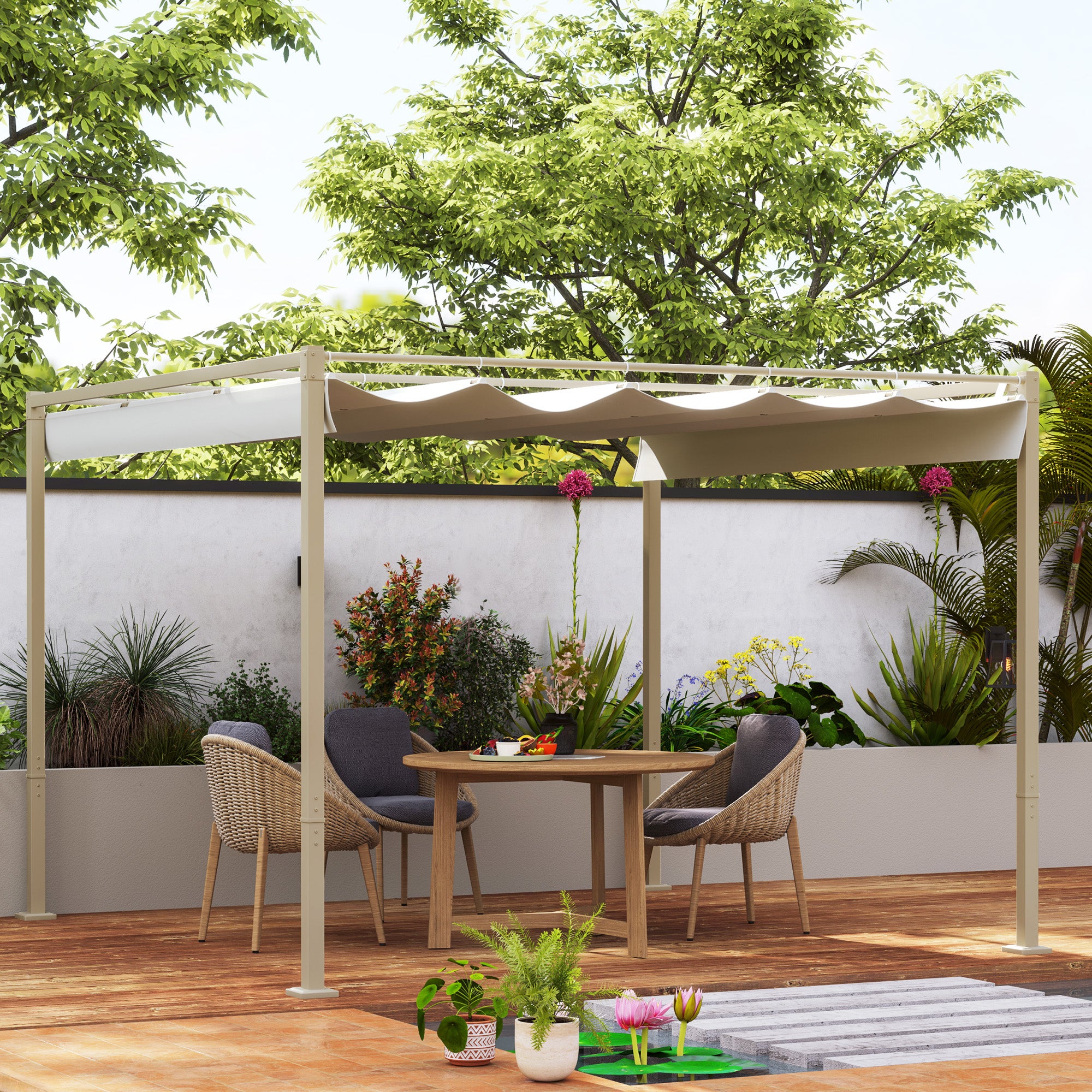 Pergola rétractable 3 x 3 m acier époxy beige polyester 180 g/m² UPF30+ kaki - 2