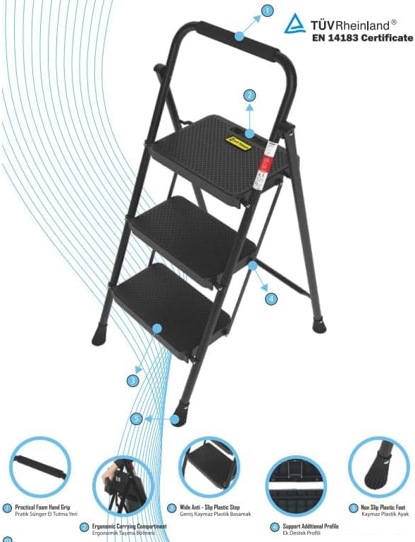 Tabouret échelle pliant peu encombrant BLACK MAX avec marches antidérapantes et poignée en caoutchouc souple pour plus de sécurité max 150, 2 ÉTAPES - 5