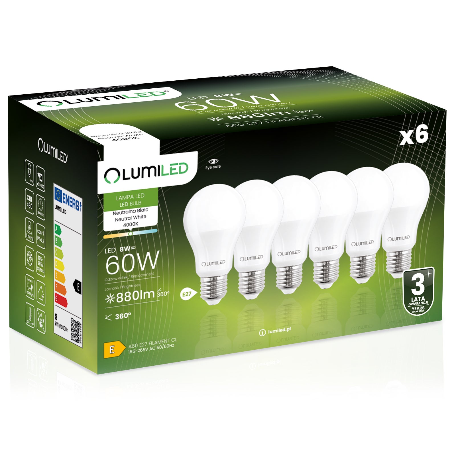 Żarówka LED Lumiled E27 A60 8W 806lm 4000K Neutralna biel 260st 6 szt.
