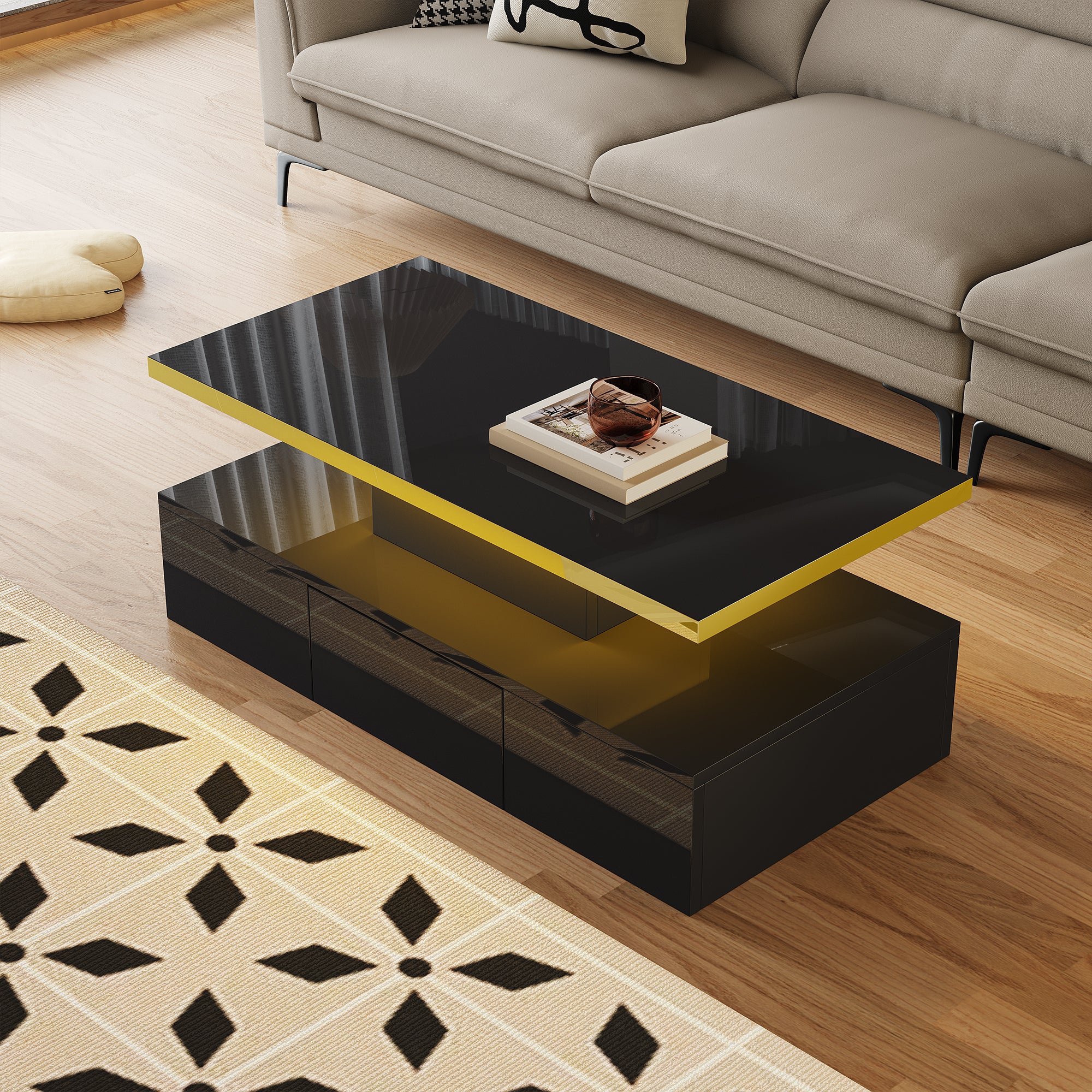 Mesa de centro - 1 cajón y 2 estantes - tablero de partículas - LED - negro brillante - 9