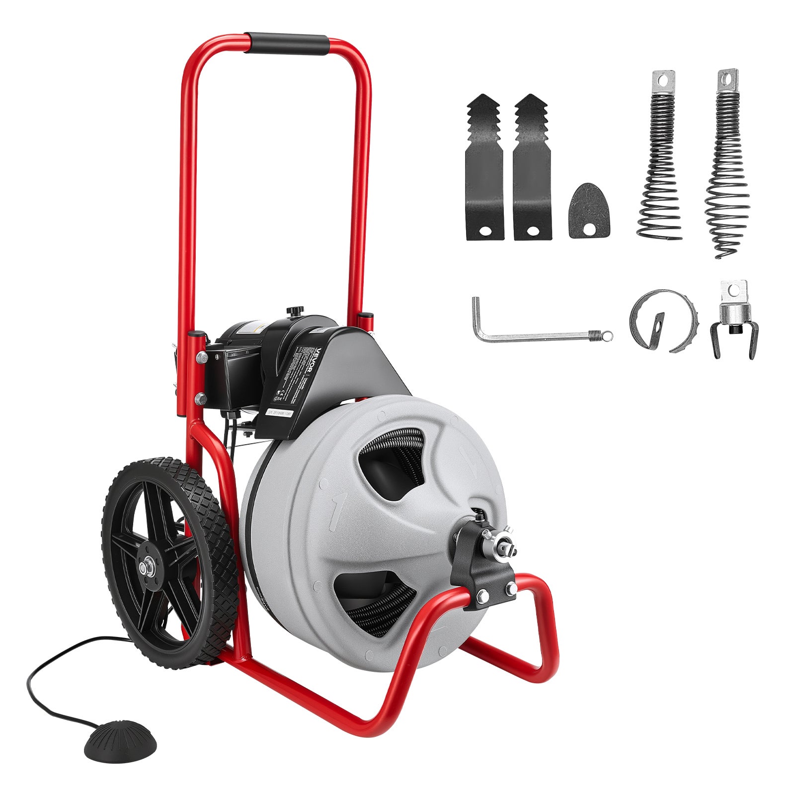Desfundator electric canalizare VEVOR cablu 22 m x 9,5 mm, model cu roți, 6 tăietoare incluse, comutator pneumatic cu picior, operare ușoară