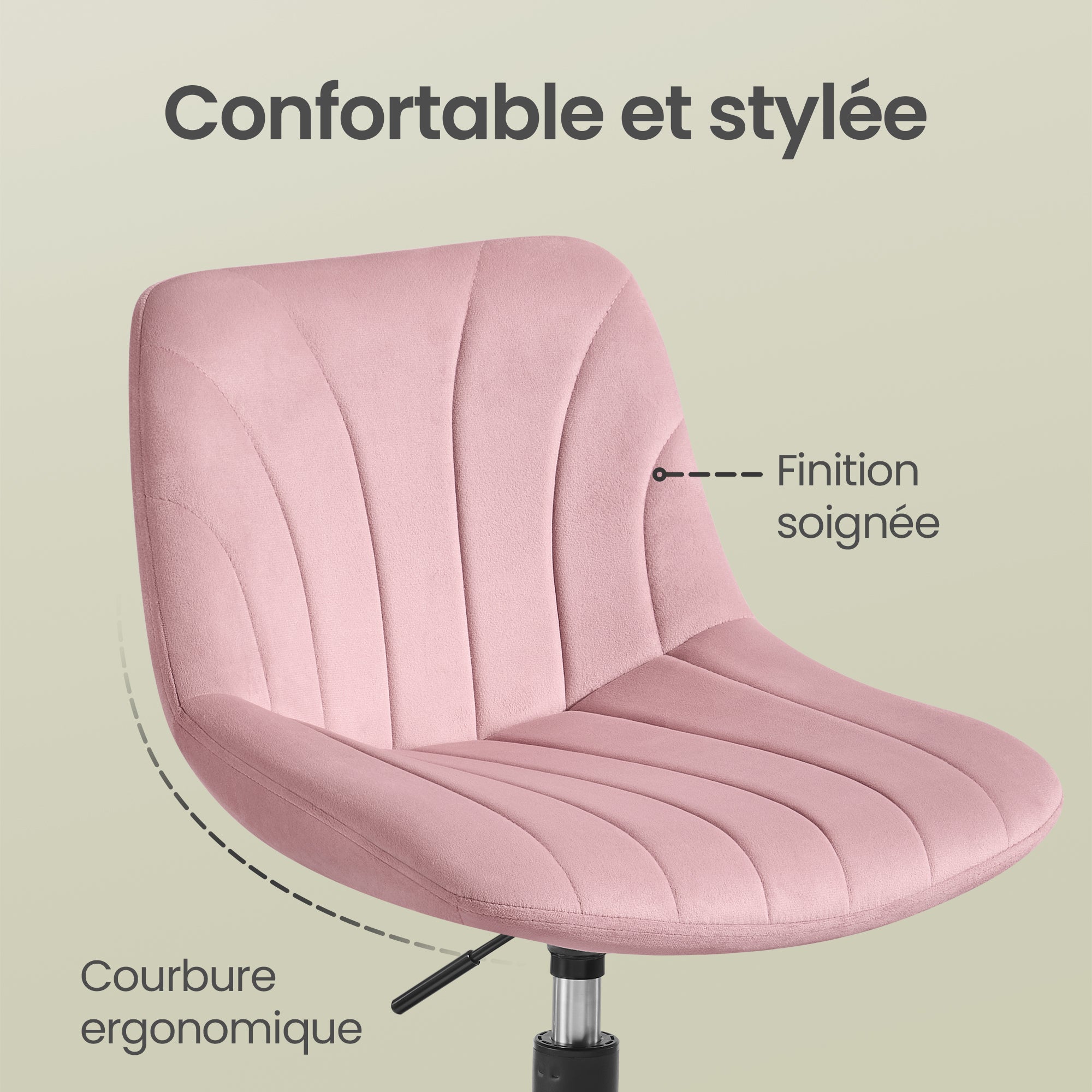 Chaise de Coiffeuse Réglable, Tabouret avec Dossier, Rotation 360°, Velours, pour Coiffeuse, Rose - 4