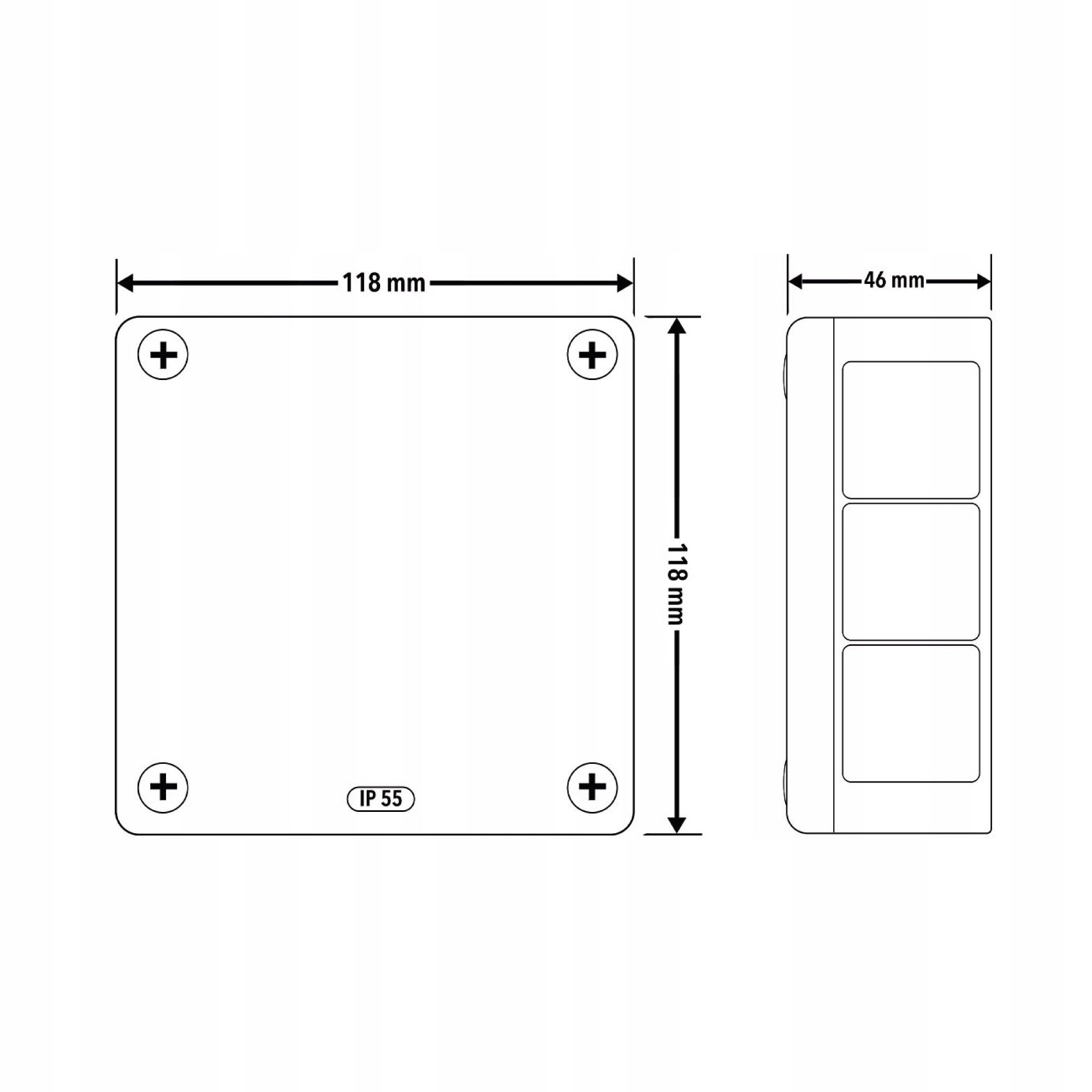 Puszka natynkowa hermetyczna 118x118x46mm 12-wlotowa, z dławikami gumowymi, IP55 zamknięcie 