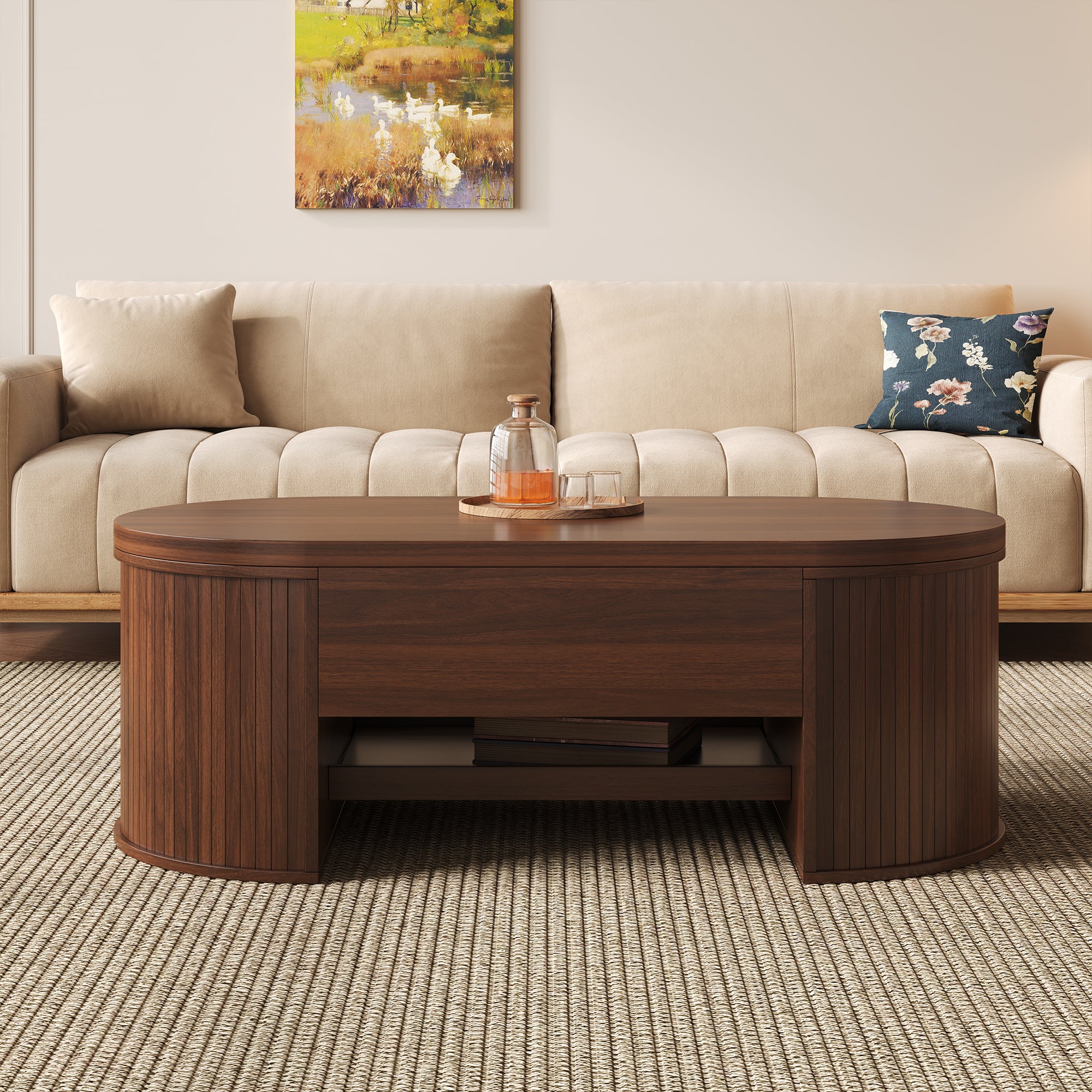 Tavolino da caffè sollevabile con 1 cassetto ovale - 110 x 55,5 x 55 cm - MDF - Per soggiorno - Marrone - 6