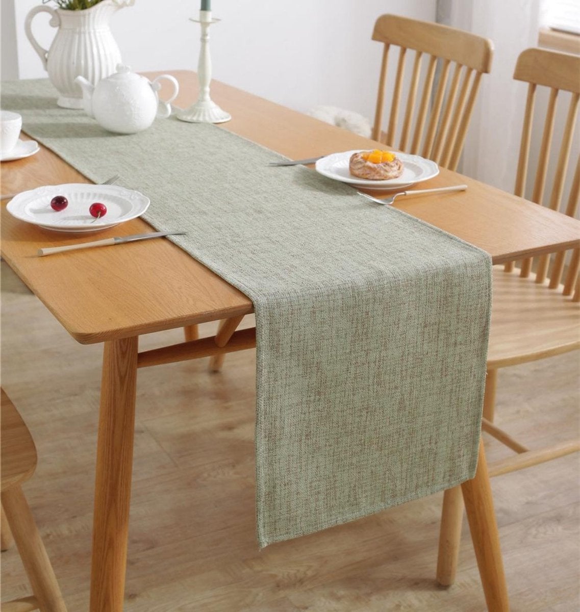 Camino de mesa rústico bohemio de lino tejido para mesa de centro de comedor, 33 x 122 cm, verde - 4