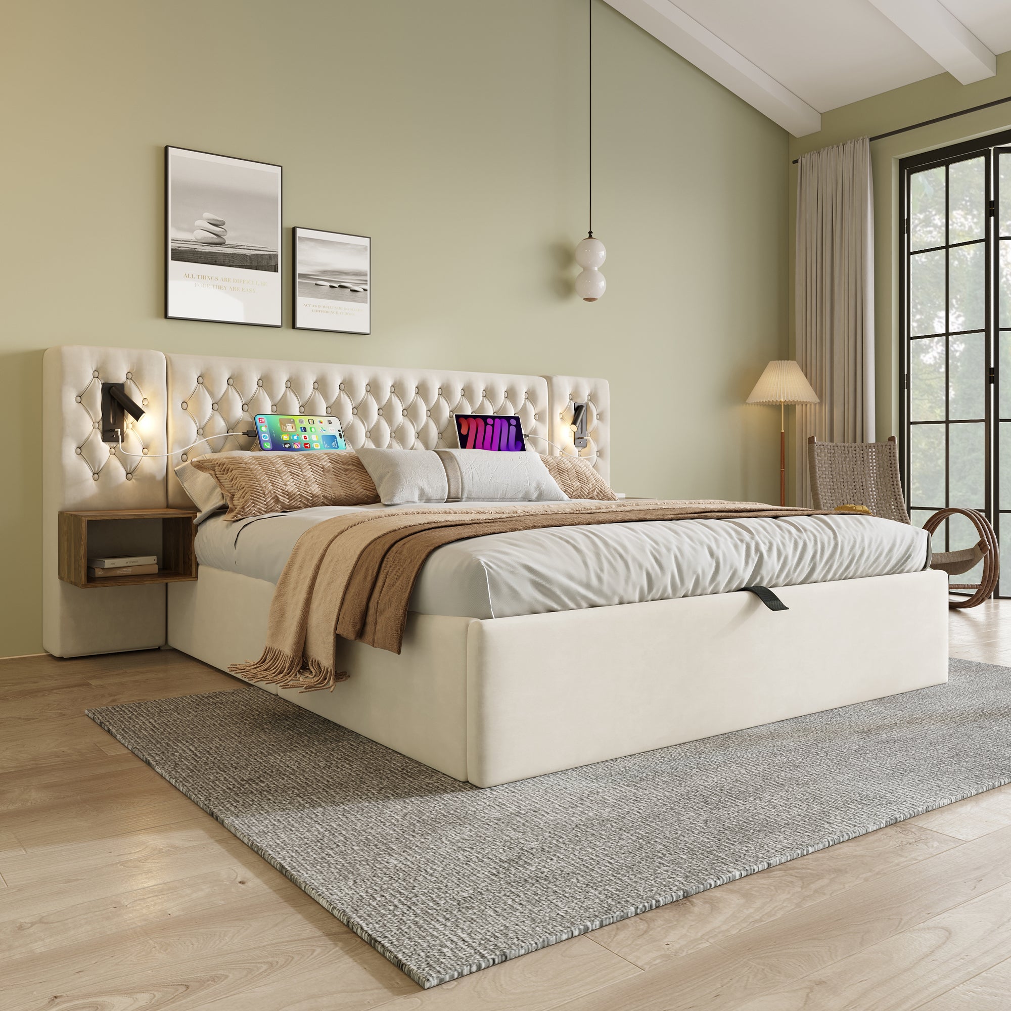 Lit hydraulique 180 x 200 cm, avec table de nuit, liseuse, fonction de recharge USB, beige - 3