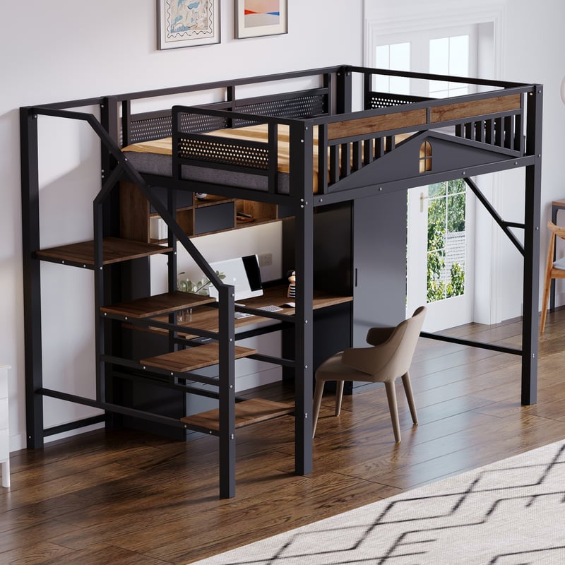 Łóżko metalowe wysokie 140x200 cm - Schody bezpieczeństwa - Bieżnik ochronny o designie okienne - Duża przestrzeń magazynowania pod łóżkiem