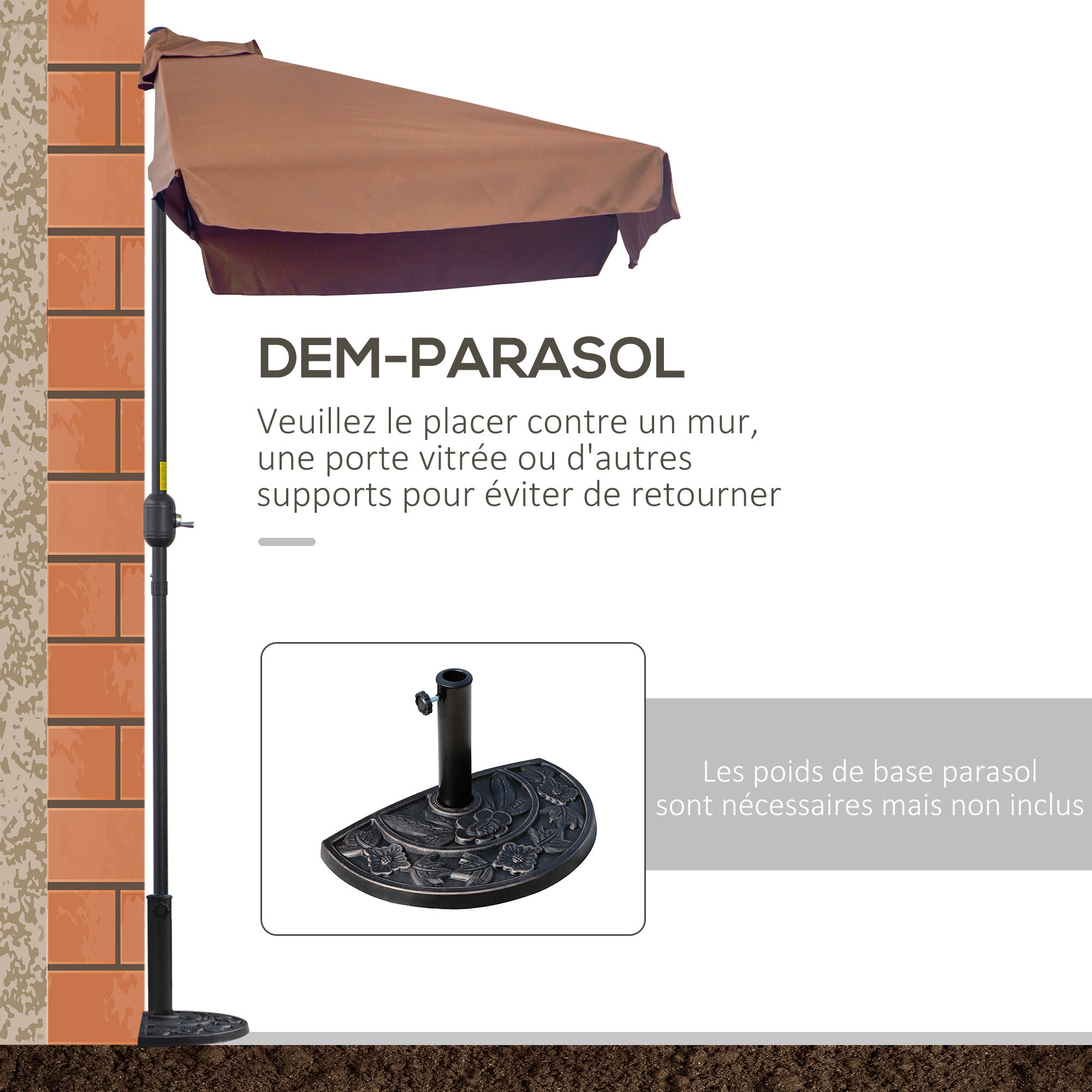 Parasol de balcon - demi parasol - 5 entretoises métal polyester haute densité - 7