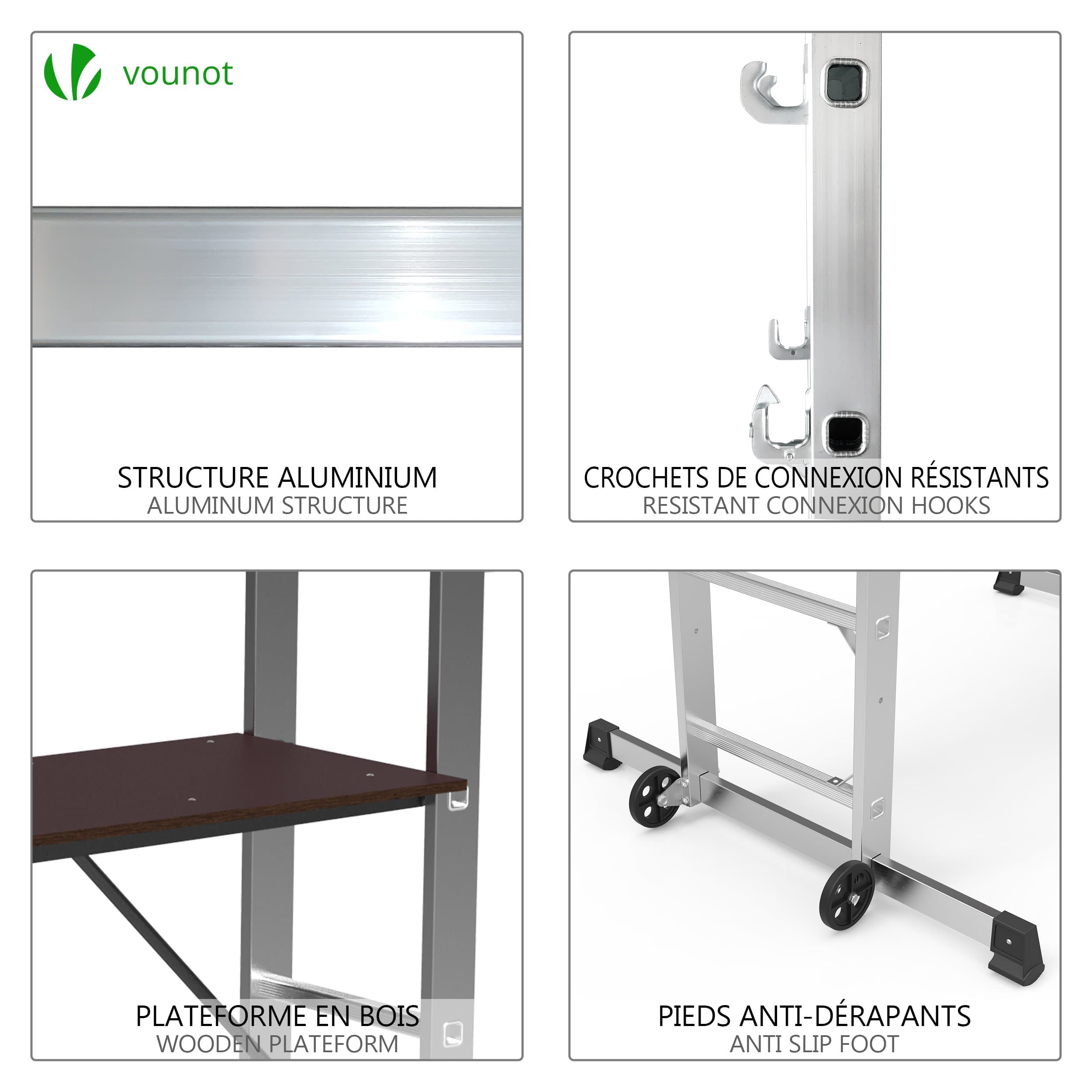 Échafaudage roulant 3 en 1 - échelle escabeau et plateforme de travail - aluminium - hauteur ajustable max 270cm - VOUNOT® - 7