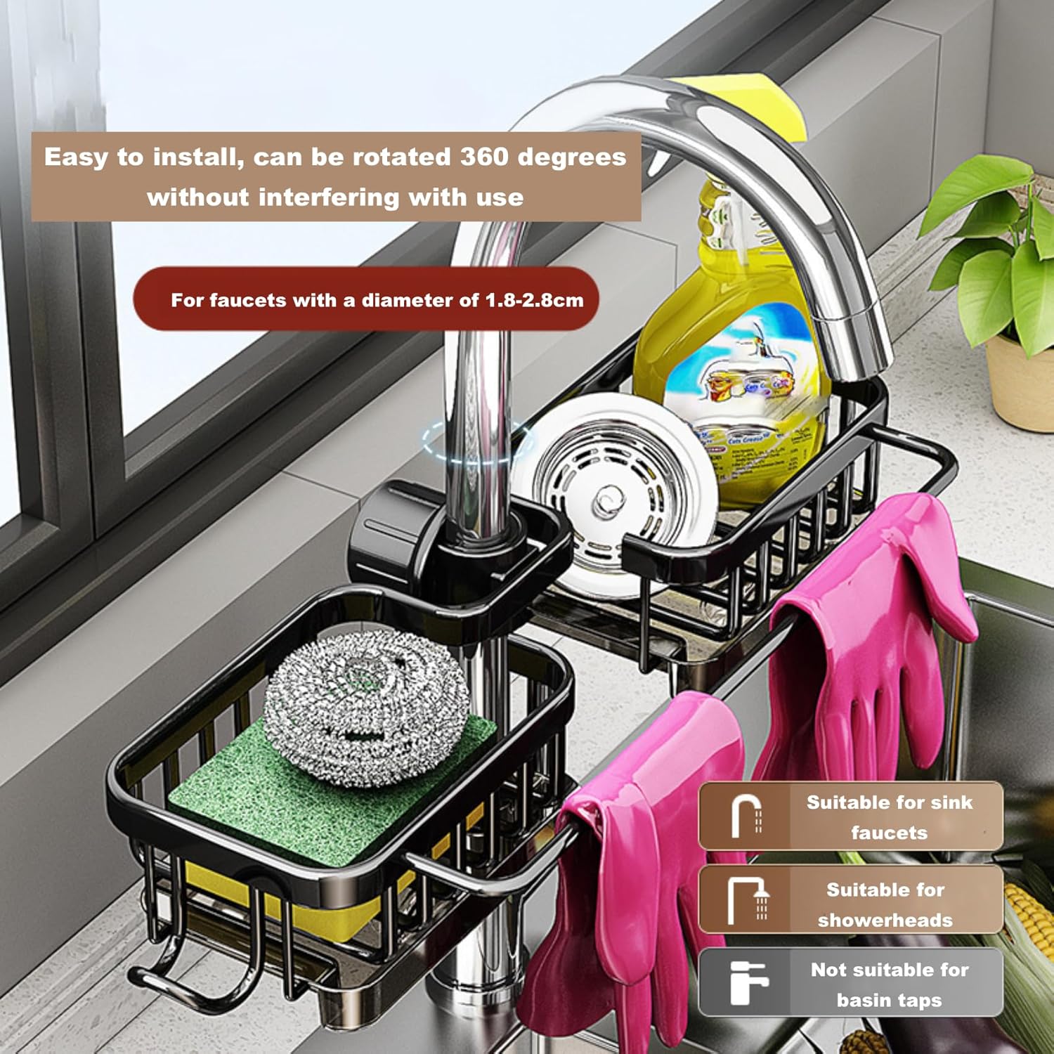 Space saving organizer mounted around kitchen faucet